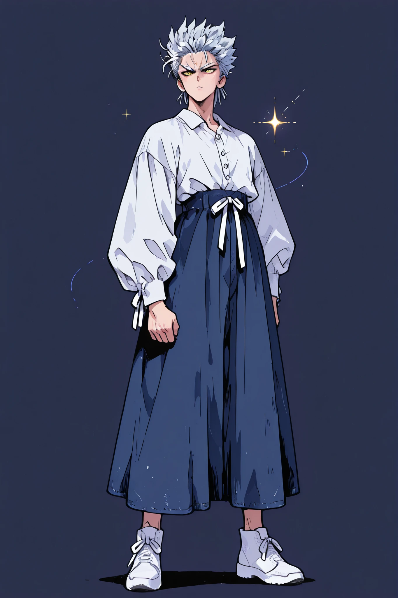 One Punch Man [Garou] illustration,Silver Hair,Silver eyebrows,yellow eyes,full body,Original Style, guy,adult, clean background  *White pearl button ribbon blouse with dark blue denim flare back banding skirt medium length*