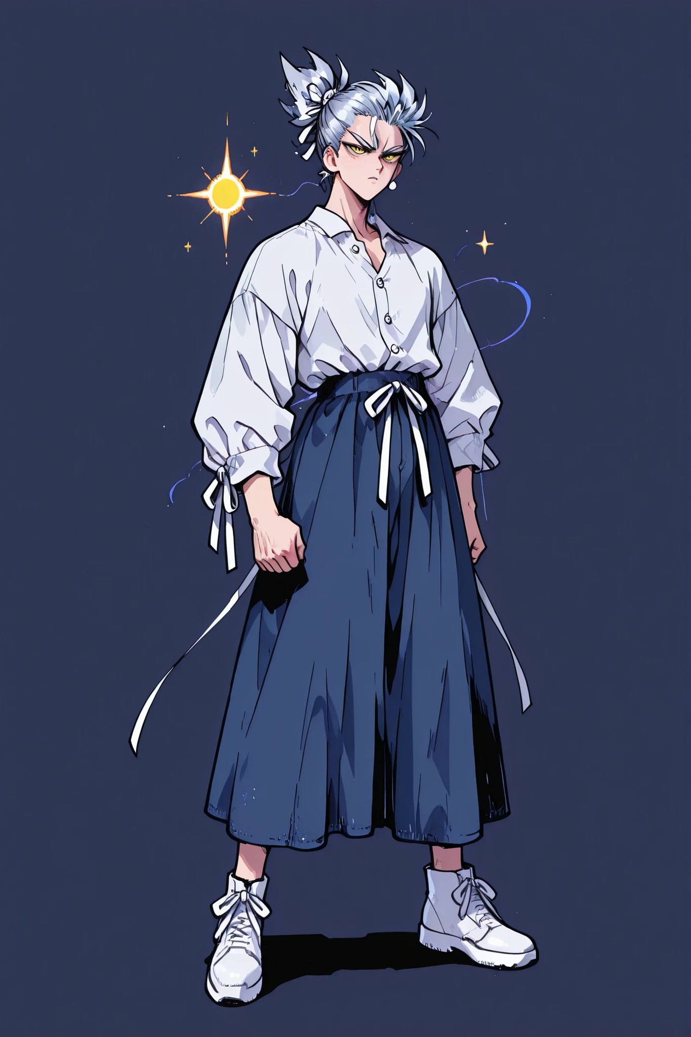 One Punch Man [Garou] illustration,Silver Hair,Silver eyebrows,yellow eyes,full body,Original Style, guy,adult, clean background  *White pearl button ribbon blouse with dark blue denim flare back banding skirt medium length*