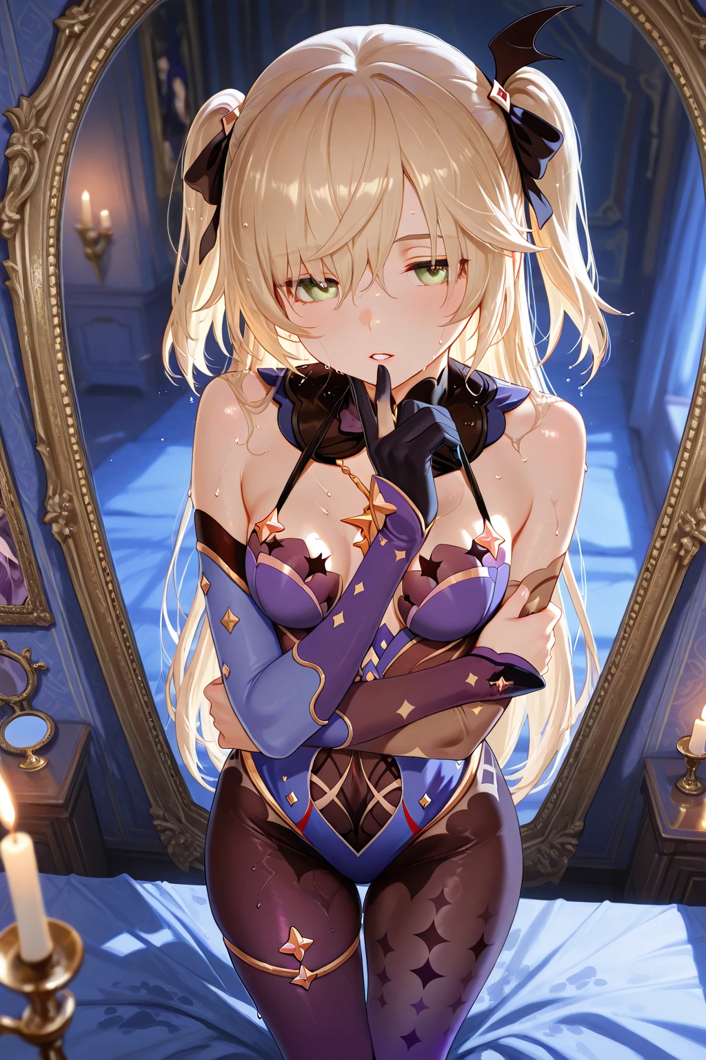 Highest quality、Ultra-high resolution、Fantasy、roleplaying game、I looked embarrassed on my bed.５Head-to-body ratio small-breasted  woman