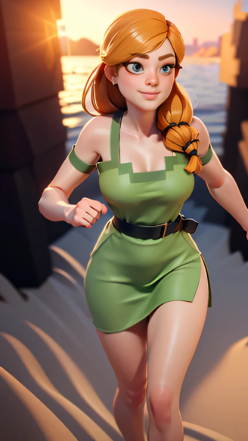 RAW digital art, ultra-realistic 3D render of a stunning woman resembling Alex from Minecraft, ((highly detailed face:1.3)), flawless skin texture, expressive eyes with subtle reflections, soft shadows and cinematic studio lighting, Pixar-inspired style blending vibrant colors with realistic details, smooth yet detailed hair strands, perfectly portioned body, perfect breasts, wearing a Woman in a flowing white maxi dress, barefoot in the sand, walking along the shoreline at golden hour, breeze lifting the fabric, warm cinematic tones, slipping one strap of a dress or top slightly down the arm, revealing a hint of bare skin with a teasing smile, background softly blurred with warm tones, (8K resolution, intricate textures, sharp focus)