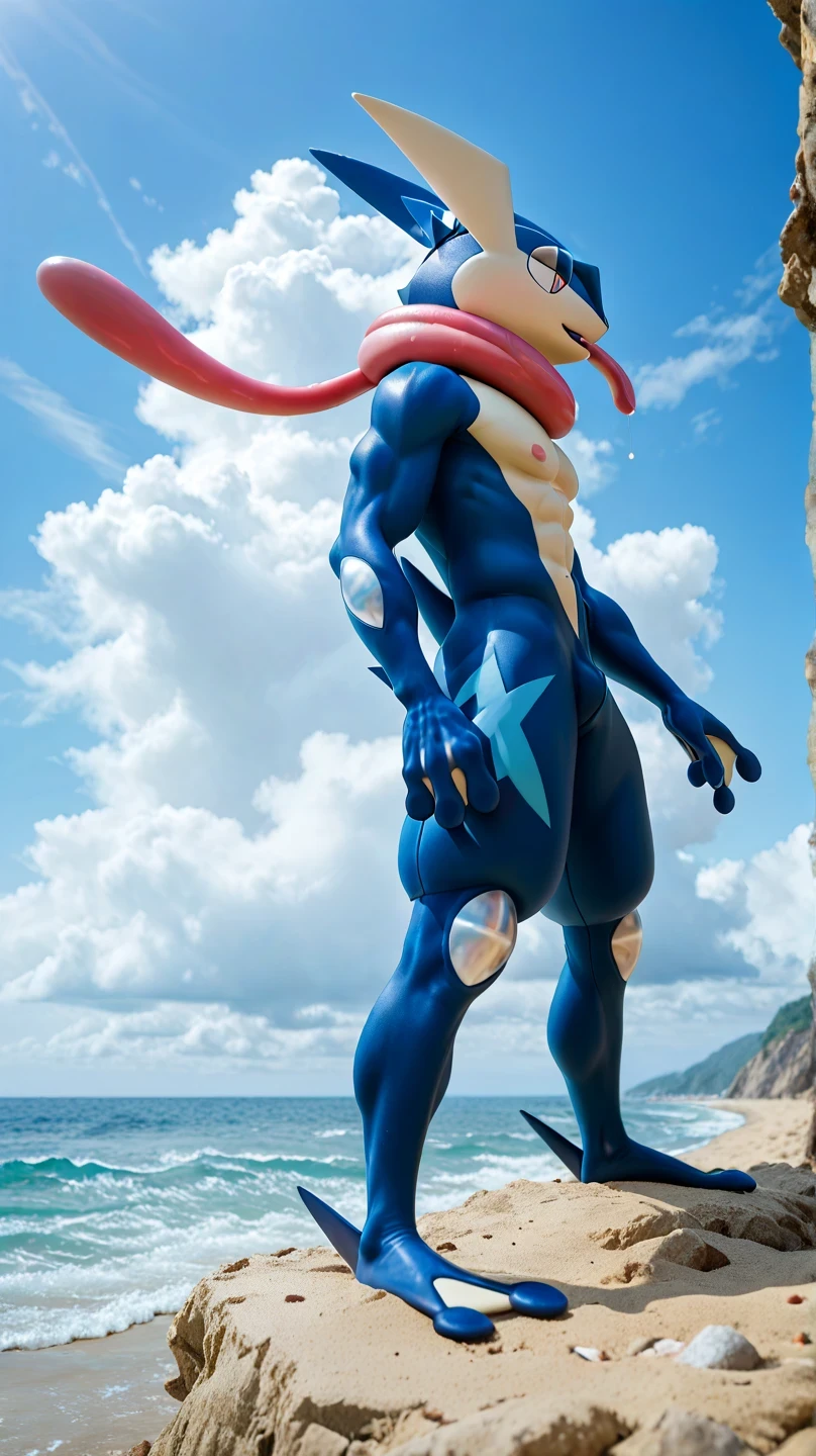 ( masterpiece, best quality:1.2),Alone, greninja male \(Pokémon\),Pokémon \(creature\), full body bikini, there are no humans, arms extended , blue skin , tight pants looking at the spectator ,blue sky, posture: Standing on two legs , piernas abiertas , husky, husky, salivating, seductive look , marked muscles, from below, on the beach, blue sky, white clouds, Blue Sea, greninja , salivating, Look relaxed, sticking out the long tongue of greninja , left side profile,slender legs