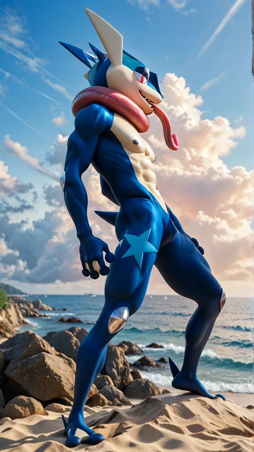( masterpiece, best quality:1.2),Alone, greninja male \(Pokémon\),Pokémon \(creature\), full body bikini, there are no humans, arms extended , blue skin , tight pants looking at the spectator ,blue sky, posture: Standing on two legs , piernas abiertas , husky, husky, salivating, seductive look , marked muscles, from below, on the beach, blue sky, white clouds, Blue Sea, greninja , salivating, Look relaxed, sticking out the long tongue of greninja , right side profile,slender legs, without nipples, Has a long tongue full of saliva