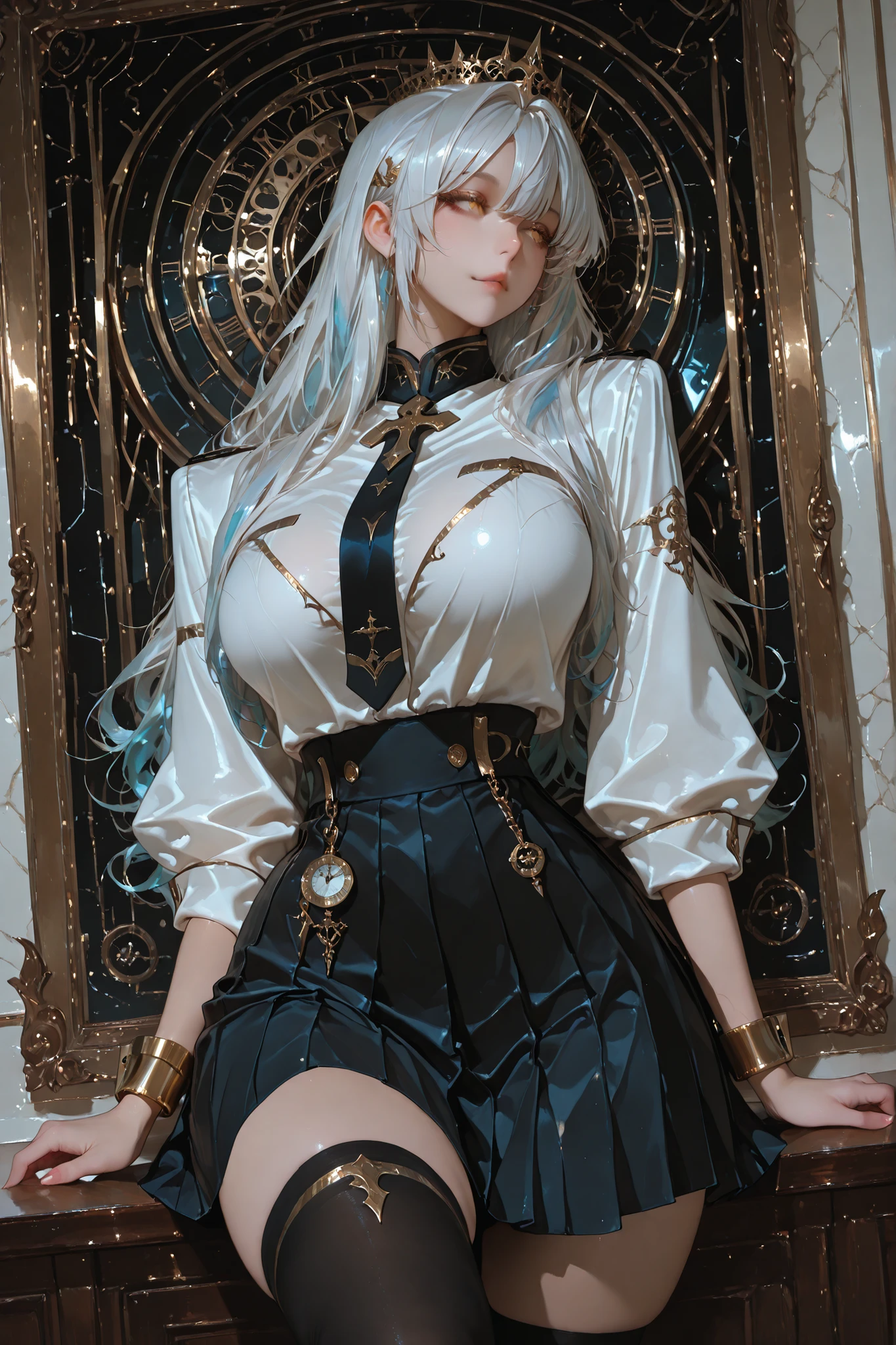 Masterpiece, best quality, good quality, 1girl, tall, slightly realistic/anime style, beautiful, adult, big breasts, long silver-white hair, golden and midnight blue hair streaks, bright amber eyes, oversized button-up white shirt with rolled sleeves, navy blazer with golden trim, pleated charcoal skirt above the knee, black tigh-highs with golden trim, golden wrist-watch on right hand, golden hairpin shaped like clock hands, small nose, thin lips, thin waist, slightly curvy, bedroom background.