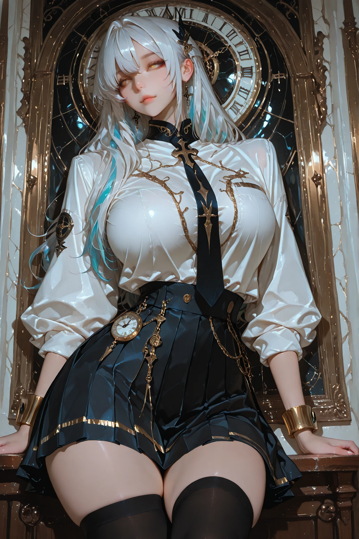 Masterpiece, best quality, good quality, 1girl, tall, slightly realistic/anime style, beautiful, adult, big breasts, long silver-white hair, golden and midnight blue hair streaks, bright amber eyes, oversized button-up white shirt with rolled sleeves, navy blazer with golden trim, pleated charcoal skirt above the knee, black tigh-highs with golden trim, golden wrist-watch on right hand, golden hairpin shaped like clock hands, small nose, thin lips, thin waist, slightly curvy, bedroom background.