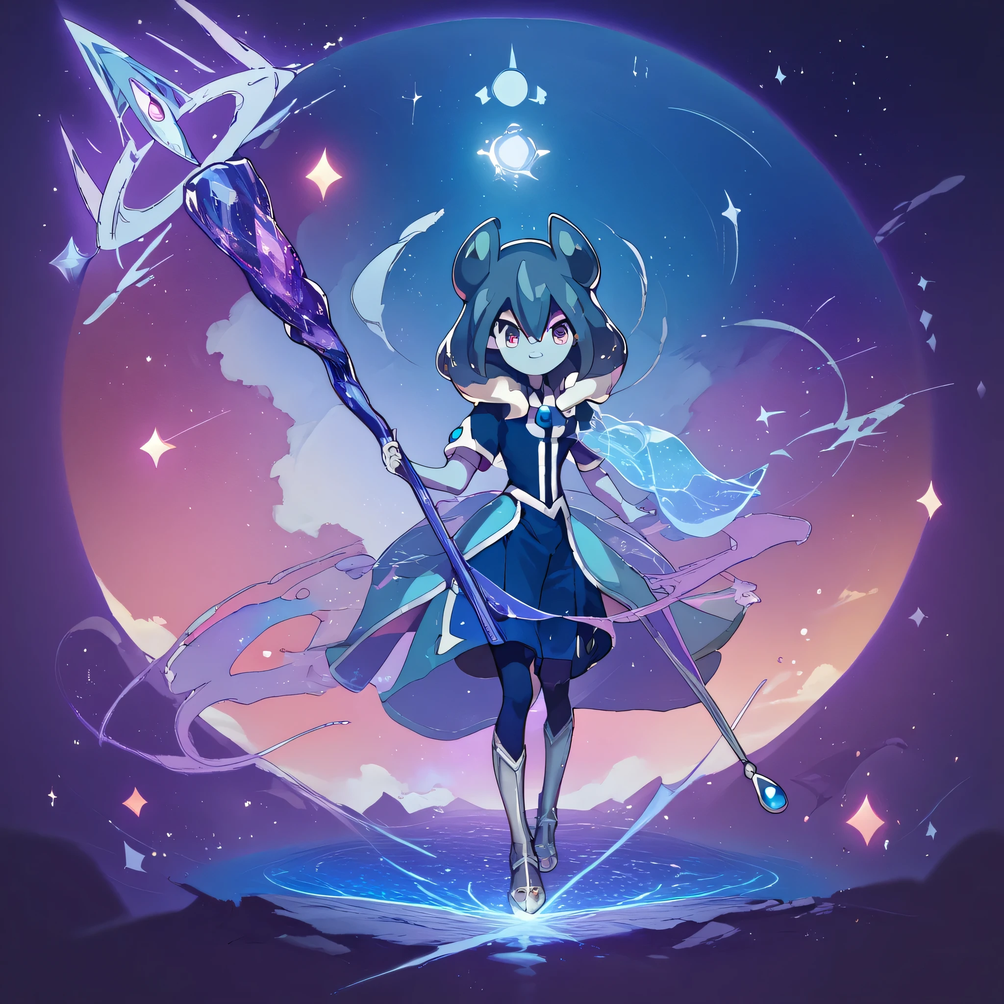 , full body,yugioh,, timestamp, wizard staff, master of time,powai pichori, 1girl, blue skin,medium hair,powai pichori, 1girl, blue skin,medium hair, Cosmic, in the cosmos