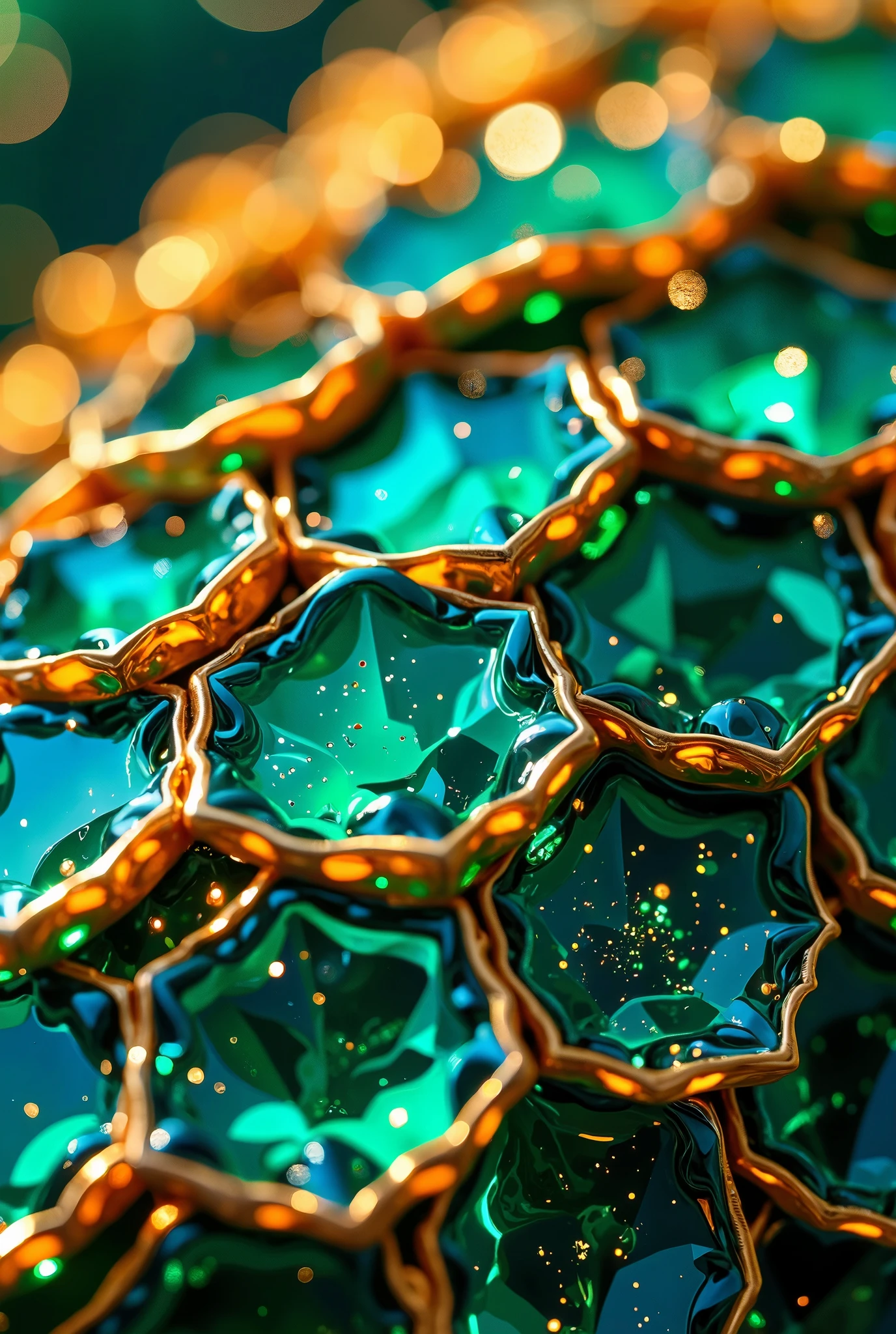 Imagine a close-up, abstract composition dominated by overlapping, scale-like forms in shades of emerald green, teal, and translucent amber. These forms, resembling stylized dragon scales or fractured glass, are arranged in a dense, irregular pattern, filling the frame from bottom to top. The light is warm and radiant, with golden highlights and sparkling reflections scattered across the surfaces, creating a shimmering effect. The edges of the scales are outlined with a metallic gold, adding definition and a sense of luxury. The surface texture appears smooth and slightly glossy, with subtle variations in color and depth within each scale. The viewpoint is low, looking upwards, emphasizing the scale and complexity of the arrangement. The overall ambiance is ethereal and magical, evoking a sense of underwater treasure or enchanted armor. The photographic approach is macro, focusing on intricate details and textures, with a shallow depth of field that blurs the background slightly, enhancing the sense of depth and dimensionality. The prevailing mood is one of wonder and opulence, with a hint of mystery.
