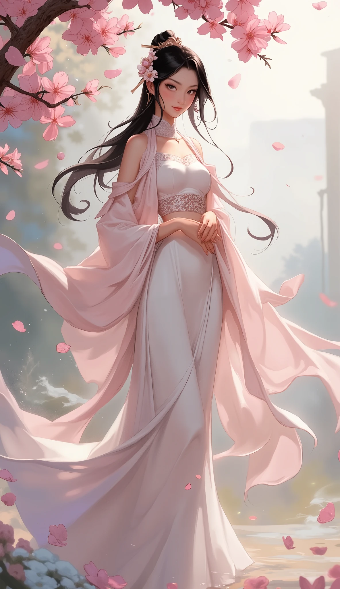 (masterpiece, best quality, ultra-detailed, cinematic lighting), a breathtakingly beautiful young Chinese woman, an ethereal beauty with an elegant and serene expression, perfect anatomy, perfect hands with five fingers. She has medium-length black hair with a prominent white streak in her long side-swept bangs, adorned with an intricate flower-shaped hairpin. Her facial features are exquisite and perfect, with clear and luminous eyes and flawless porcelain skin. She exudes an aura of serene elegance with her perfect and graceful physique. She is wearing an exquisite two-piece Chinese fantasy Wuxia-style silk hanfu, a delicate light pink gauze shawl drifting around her shoulders, a pale silk belt cinching her waist, and a flowing long skirt that sways. She is strolling gracefully under a blooming plum blossom tree, with delicate petals dancing and swirling in the air around her, creating a dreamy and ethereal atmosphere. Exquisite and mature character illustration, a blend of traditional Chinese Gongbi painting and modern fantasy art, dynamic composition, intricate details.