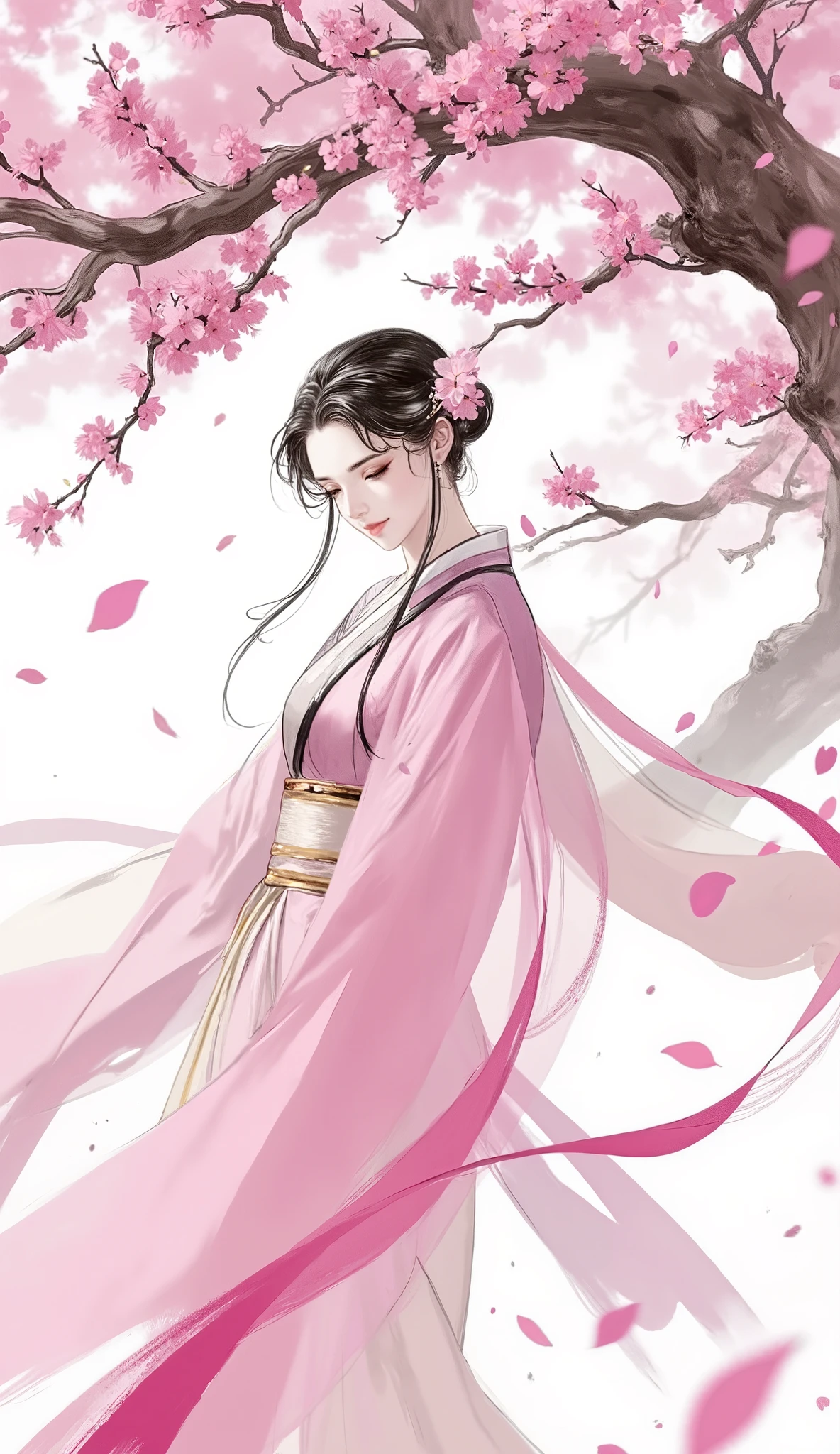 masterpiece, best quality, ultra-detailed illustration, A breathtakingly beautiful young woman of peerless elegance, perfect anatomy, perfect hands with five fingers. She has an exquisite and flawless face with clear, luminous eyes and smooth skin. Her medium-length black hair features a striking white streak in the long, side-swept bangs, adorned with a delicate flower-shaped hairpin. She is dressed in an exquisite two-piece Chinese fantasy wuxia-style silk costume, with a light pink gauze shawl and a light-colored silk belt accentuating her perfectly toned figure and flowing long skirt. She strolls gracefully under a magnificent plum blossom tree as countless petals dance in the air around her, creating a dreamy, ethereal, and magical atmosphere. The style is that of a mature and refined character illustration, a cinematic and dynamic composition with dramatic lighting, evoking a sense of ancient Chinese fantasy art.