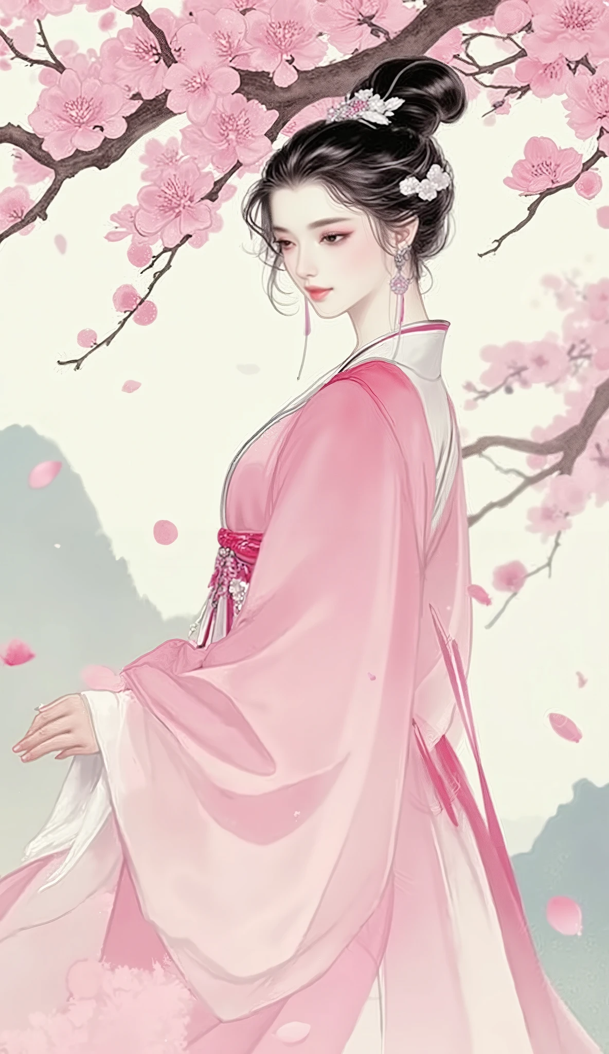 (masterpiece, 8k, best quality, high detail, sharp focus, cinematic lighting), 1 beautiful young Chinese woman, exquisite perfect symmetrical face, elegant graceful posture, perfect anatomy, perfect hands, five fingers. She has flawless smooth skin, clear bright eyes, medium-length black hair with a striking white side-swept bang, and a delicate flower-shaped hairpin. She exudes an elegant and ethereal aura. She is wearing an exquisite two-piece Chinese fantasy wuxia style silk hanfu, a light pink sheer gauze shawl, a pale silk belt, and a flowing long skirt. She is walking gracefully under a blooming plum blossom tree, with petals fluttering dreamily in the air. Exquisite and mature character illustration art, fantasy, dreamy, ethereal.