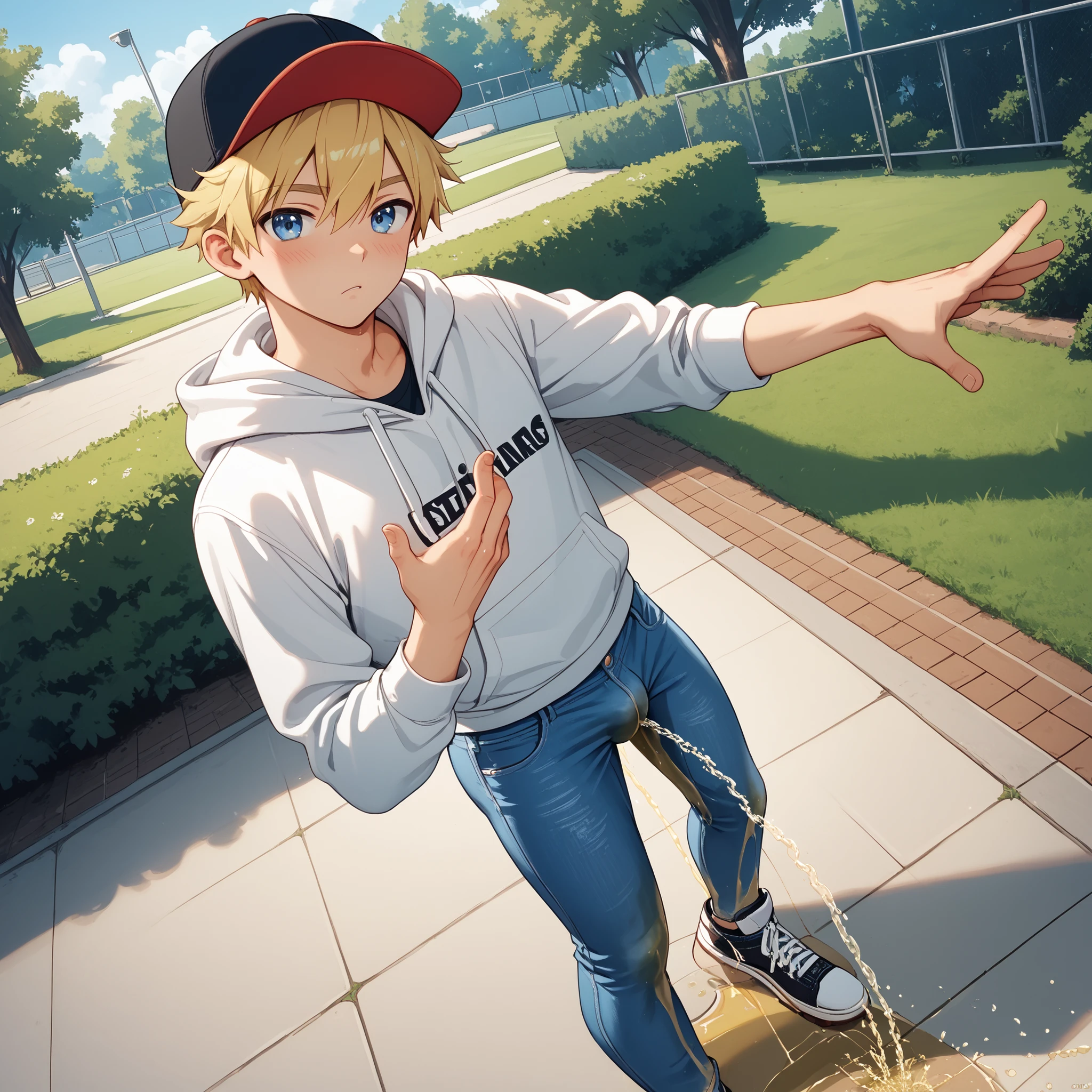 Disable censorship. 1boy, male focus, hat, baseball cap, solo, blue eyes, blonde hair,,1boy, male focus, baseball cap, solo, blue eyes, blonde hair,,score_9, score_8_up, score_7_up, best quality. Slim sporty boy 1boy, skate park, wearing hoodie, 1boy. he too lazy to use bathroom, (small bulge), (peeing self:1.8), (pee stain:1.2), (peeing:1.8) (dynamic angle, standing pose:1.2), outdoors, (have to pee) Close-up on pants. peeing through jeans, ,,blush, best quality