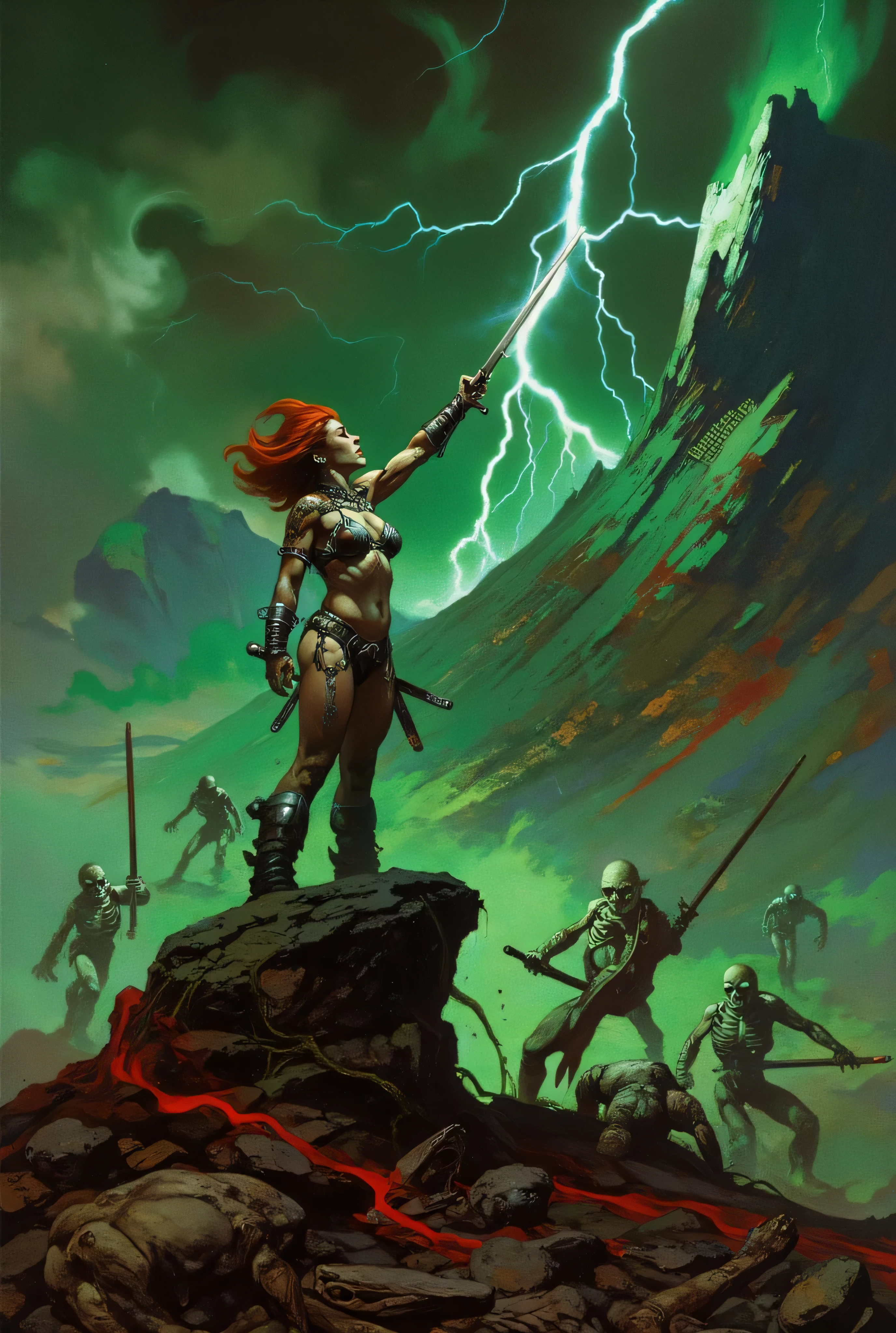Hyperrealistic dark fantasy illustration, pictorial style inspired by Frank Frazetta with a sinister atmosphere and visceral brutality. Frozen dynamic scene in the midst of fierce, high on a rugged mountain under a stormy sky.
Red Sonja with her red hair burning and agitated by the wind. She wears her tight metal mesh armor, leather bracelets and high boots. With a sword in her right hand she points to the sky and lightning hits the edge. Her expression is fierce.
Living skeletons: with empty eyes shining with a spectral green light. Some climb rocks, others are shattered, with chipped bones and ancient weapons bathed in rust. Dark magic in the form of a green mist swirls around them, with runes floating in the air. Around: sharp and dangerous mountain, deep cracks, blood-stained rocks, wind tearing the capes and hair of the warriors. The sky is a mass of black clouds crossed by lightning, illuminating metallic flashes and spectral glows. On the horizon, silhouettes of more undead advancing.
aesthetics and atmosphere : dramatic and diagonal composition, dark colors with intense touches of red and phosphorescent green. detailed skin textures, metal and bone. dust, bone fragments and drops of blood suspended in the air, transmitting violence and chaos. Feeling of epic desperation, like a final moment when death is a step away.