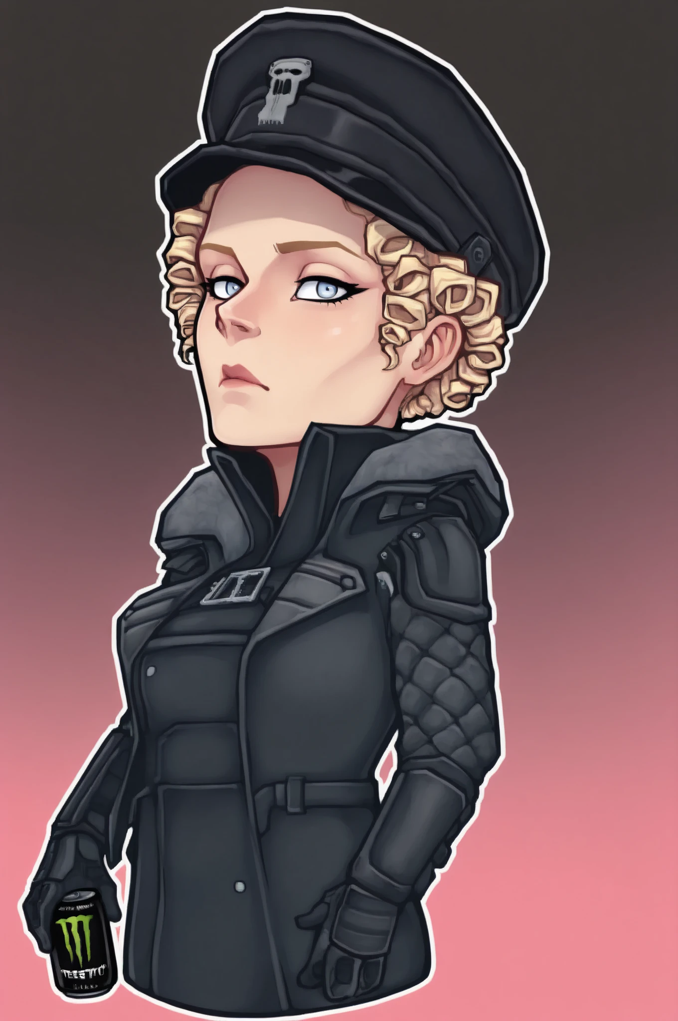 sticker, colorful, outline, chibi,sexy fase, slim build,
masterpiece, best quality, very aesthetic, absurdres,
solo, 1girl, (solo),(testgirl), bare forehead, ((blond hair stuffed into hat)),light blue eyes, beautiful eyes, looking in viver, black raincoat, short gray fur collar, black cap, masterpiece, best quality, amazing quality,  a stern face, upper body, (iron black houlder pads) ,(two mini spiral curls), simple background, gradient background, pink background, black background, holding can, monster energy  ,(two mini curls)