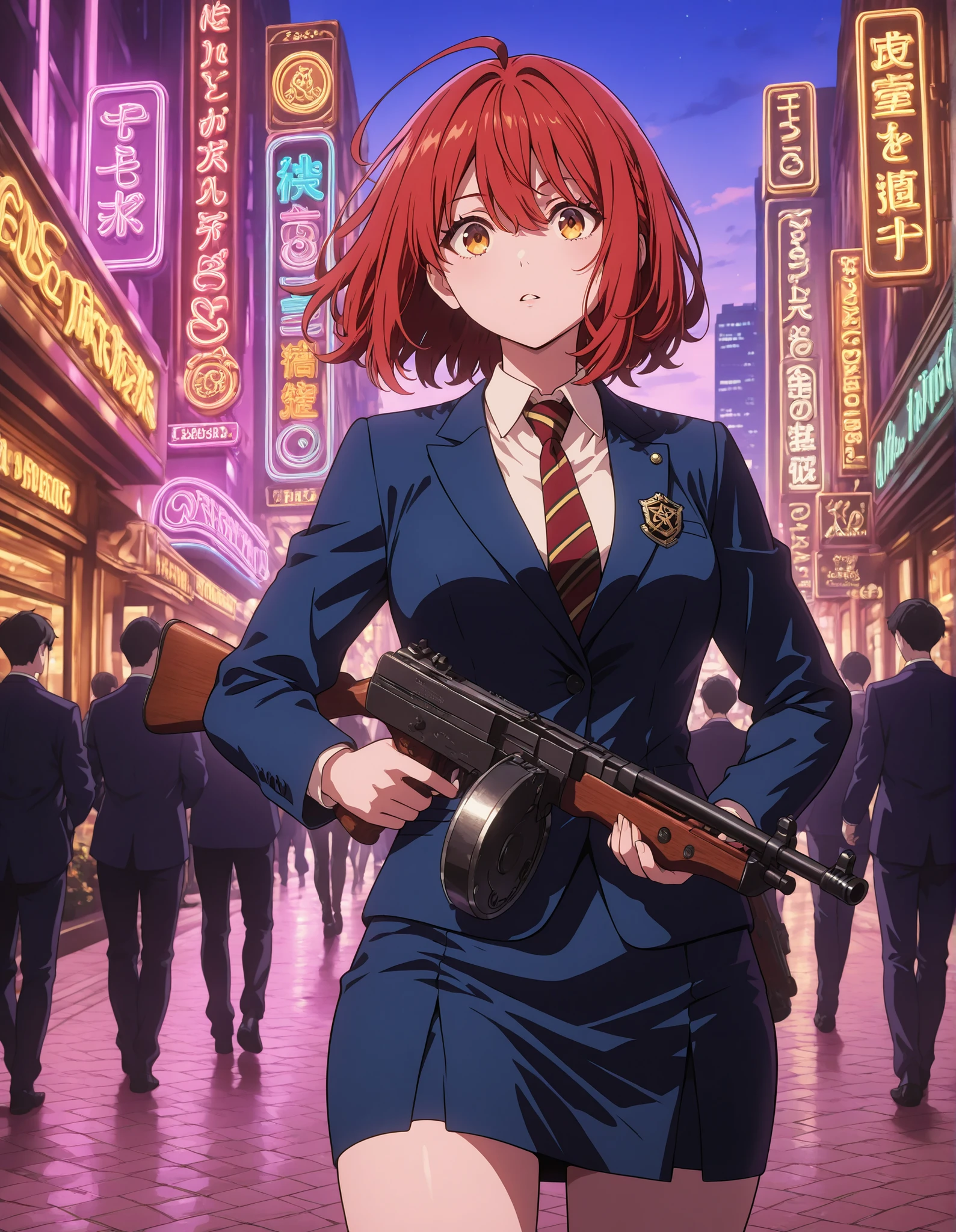 A young woman stands confidently in the middle of a bustling city street, dressed in a sharp, tailored business suit that projects authority and sophistication. Her ensemble consists of a deep navy blue jacket with a small gold emblem pin and a matching skirt, paired with a crisp white shirt and an elegant red-striped tie, underscoring the professional yet assertive look. The scene is painted with vibrant, stylized colors, giving it a comic book or graphic novel aesthetic. In her hands, she holds a classic Thompson Submachine Gun - 1928 with a drum magazine, introducing an unexpected element of intrigue and tension. The city backdrop, with its towering skyscrapers adorned with neon signs like "BRONX" and "CASINO," suggests a setting of dynamism and mystery. The ambient lighting is a mix of warm streetlights and the cool tones of the twilight sky, creating a dramatic setting that evokes a sense of action unfolding in an urban landscape.