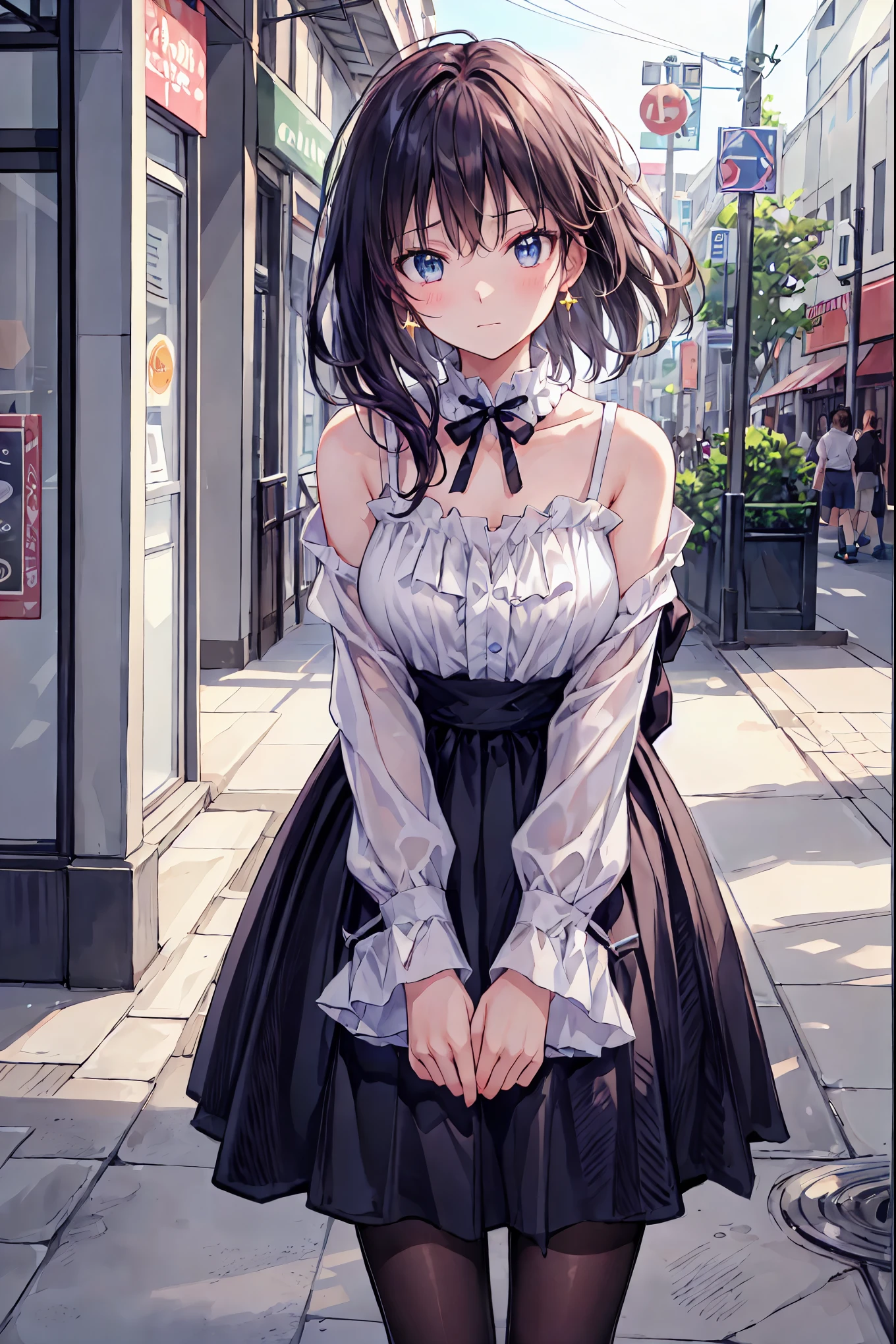((masterpiece)), ((best quality)), ((ultra detailed)), ((kawaii)), cute, (lovely), ((extremely detailed)), ((8K)), (beautiful), full body, luxury room, a cute girl, 1girl, solo, blue mini camisole dress,beautiful light brown hair, ((detailed beautiful brown eyes)), white-skinned, flat , tiny , garter belt,(garter stockings:1.4),pink eyeshadow