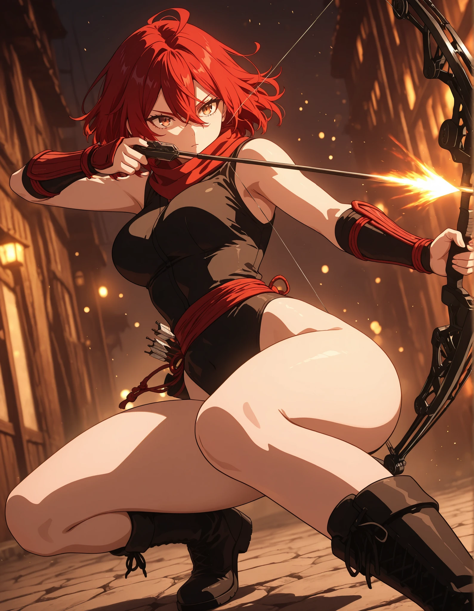 masterpiece, best quality, high resolution, absurdres, 1girl, 24-29 years old, 165cm tall, beautiful, detailed face, standard breasts, ideal anatomy,
BREAK
red hair, hazel eyes,
kunoichi, black leotard, bare legs, black boots,
dynamic fighting stance, holding and aiming a weapon, a compound bow, and an arrow,
depth of field, bokeh, full shot, dramatic angle, cinematic lighting, action illustration