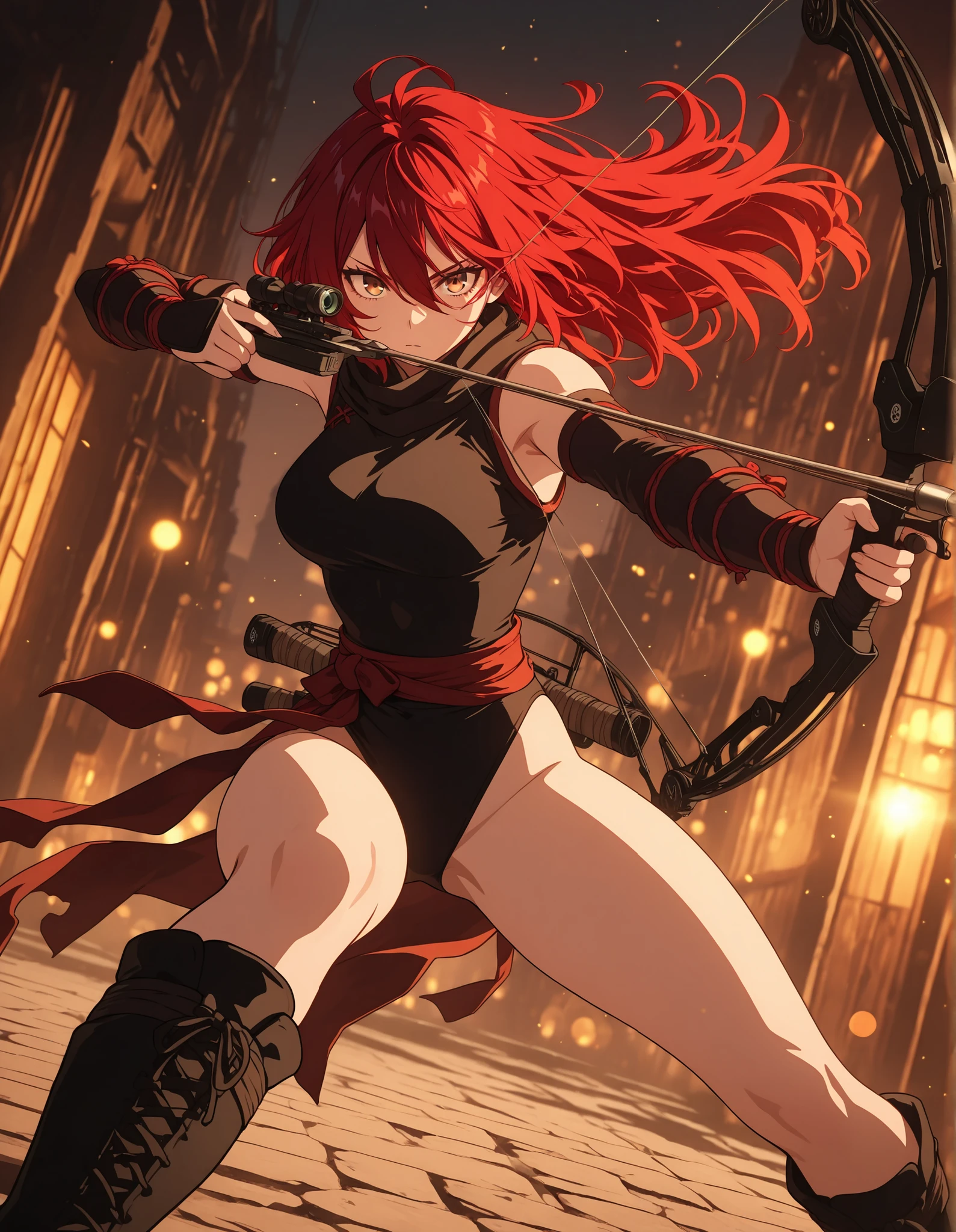 masterpiece, best quality, high resolution, absurdres, 1girl, 24-29 years old, 165cm tall, beautiful, detailed face, standard breasts, ideal anatomy,
BREAK
red hair, hazel eyes,
kunoichi, black leotard, bare legs, black boots,
dynamic fighting stance, holding and aiming a weapon, a compound bow, and an arrow,
depth of field, bokeh, full shot, dramatic angle, cinematic lighting, action illustration