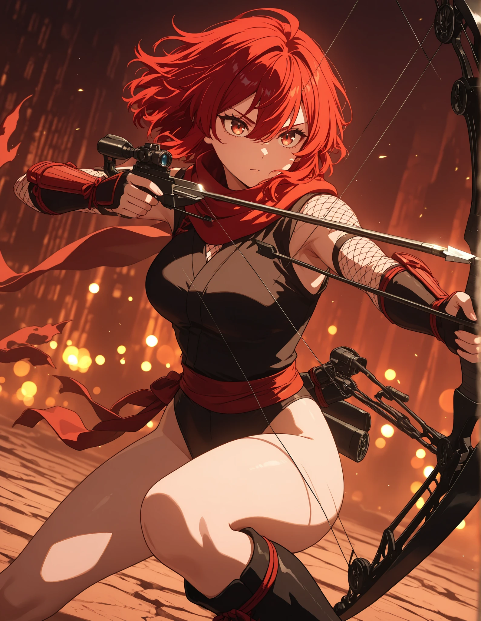 masterpiece, best quality, high resolution, absurdres, 1girl, 24-29 years old, 165cm tall, beautiful, detailed face, standard breasts, ideal anatomy,
BREAK
red hair, hazel eyes,
kunoichi, black leotard, bare legs, black boots,
dynamic fighting stance, holding and aiming a weapon, a compound bow, and an arrow,
depth of field, bokeh, full shot, dramatic angle, cinematic lighting, action illustration