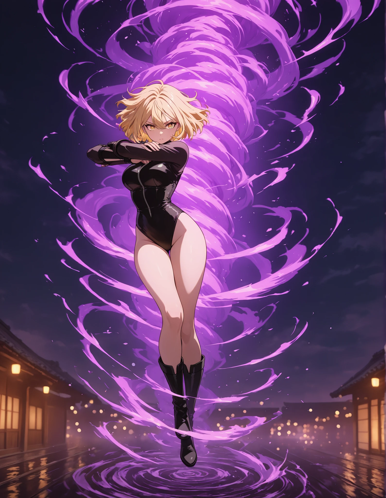masterpiece, best quality, high resolution, absurdres, 1girl, 24-29 years old, 165cm tall, beautiful, detailed face, standard breasts, ideal anatomy,
BREAK
blonde hair, hazel eyes, bob hair,
kunoichi, black leotard, bare legs, black boots,
standard, dynamic whirling pose, folded arms, legs together, straight and aligned, whirling around in place, rapid gyration, motion blur, tornado spinning,
chi energy, dynamic energy swirl,
depth of field, bokeh, full shot, dramatic angle, cinematic lighting, action illustration