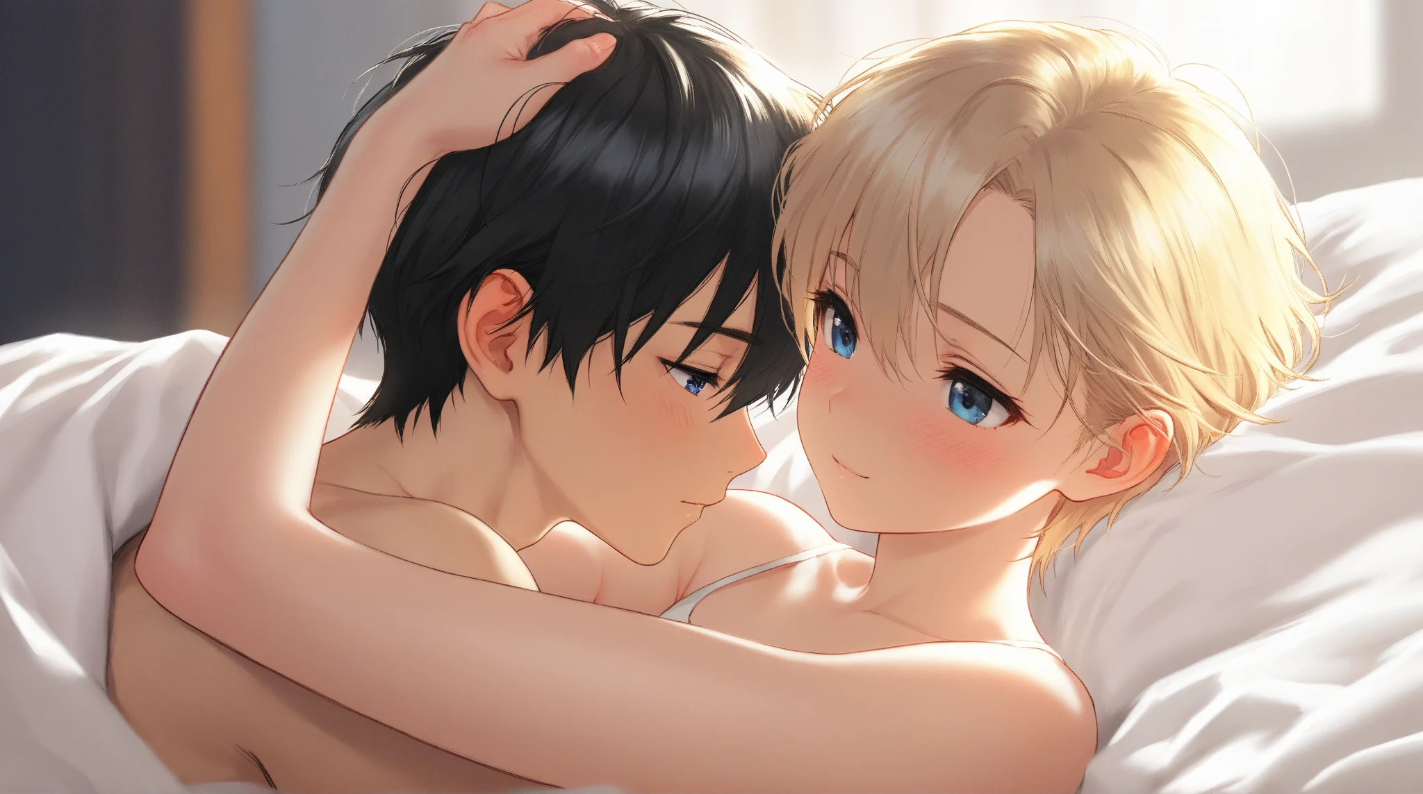 source_anime, rating_explicit, score_9, score_8_up, score_7_up, 1boy, twink, portrait, indoors, medium length hair, brown skinned male, hair over eyes, ((brown skin)), shota, browm boy, boy, messy hair, ikuchan, black hair, masterpiece, high-quality, BREAK, 1girl, female, white skinned, light skinned female, dominant light skinned female, kissing, femdom, large white female, ((size difference)), lumine, genshin impact, duo, Heterosexual, mature female, age difference