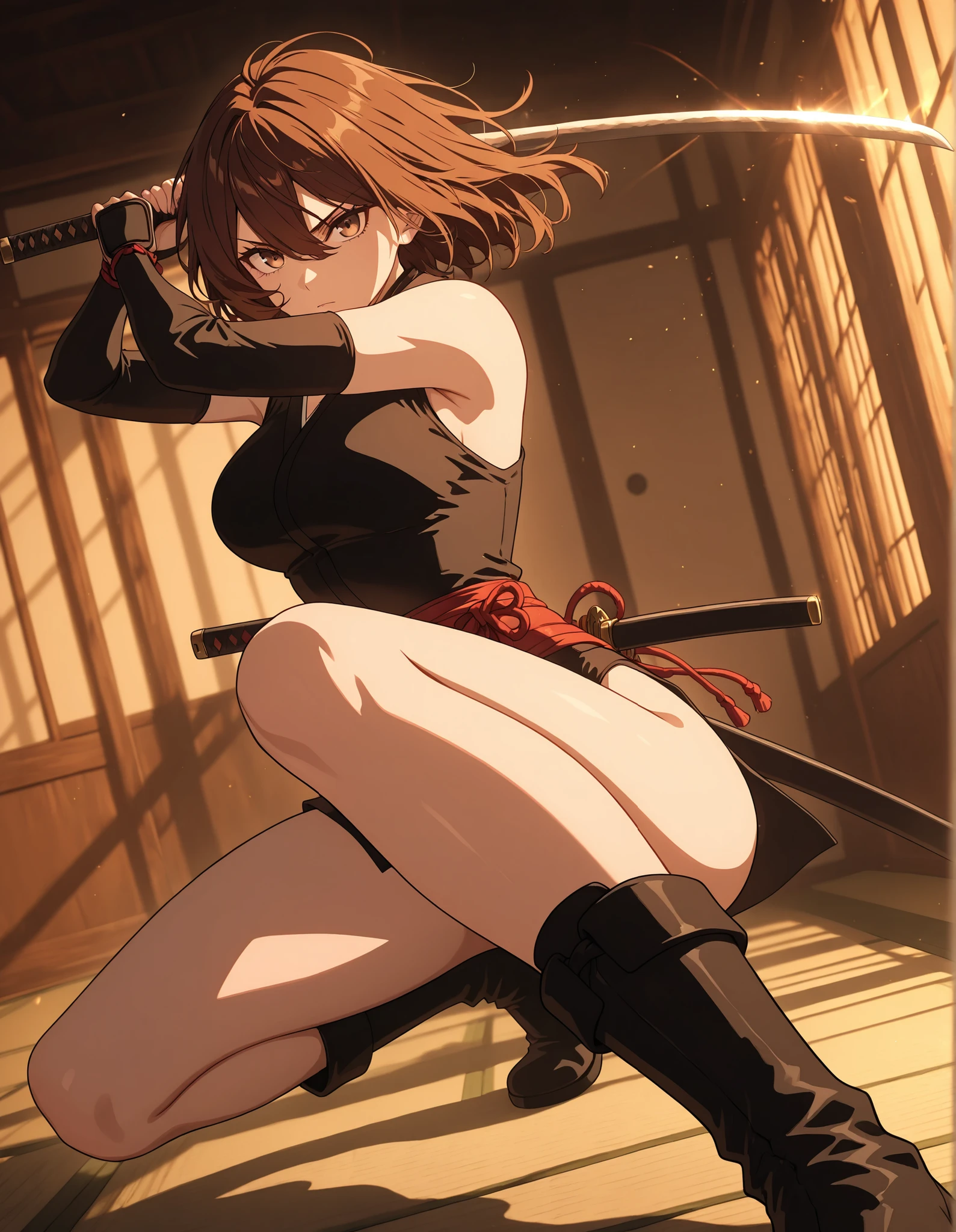 masterpiece, best quality, high resolution, absurdres, 1girl, 24-29 years old, 165cm tall, beautiful, detailed face, standard breasts, ideal anatomy,
BREAK
brown hair, hazel eyes,
kunoichi, black leotard, bare legs, black boots,
dynamic fighting stance, using a katana,
depth of field, bokeh, full shot, dramatic angle, cinematic lighting, action illustration