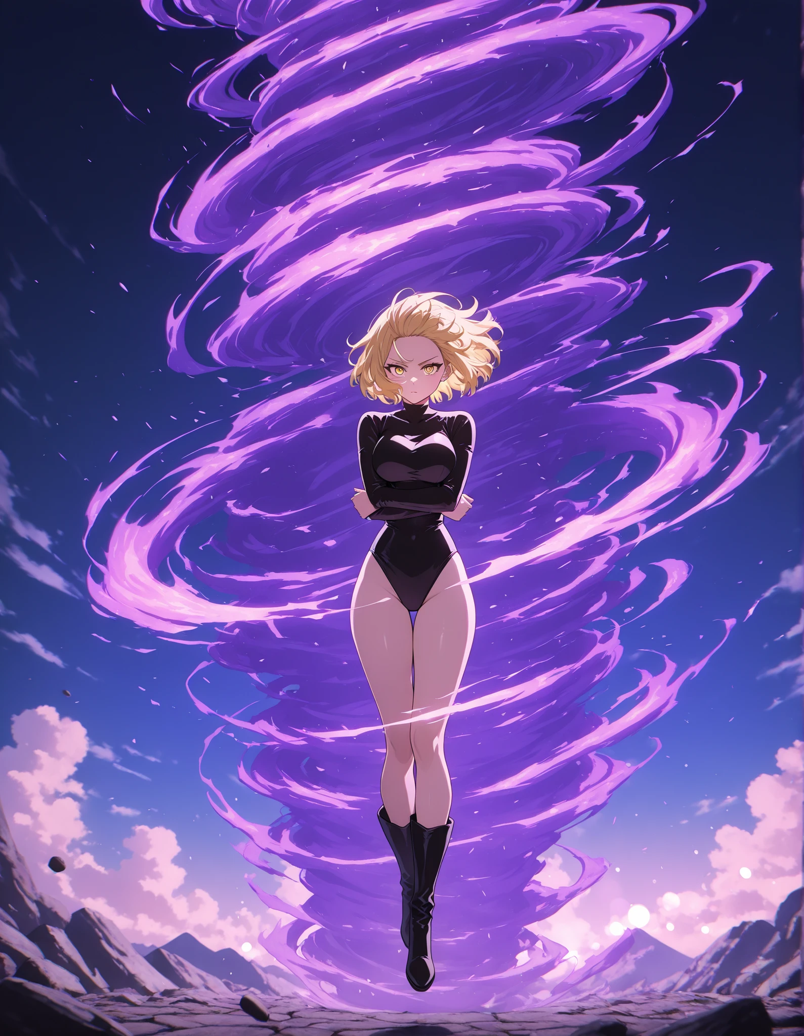 masterpiece, best quality, high resolution, absurdres, 1girl, 24-29 years old, 165cm tall, beautiful, detailed face, standard breasts, ideal anatomy,
BREAK
blonde hair, hazel eyes, bob hair,
kunoichi, black leotard, bare legs, black boots,
standard, dynamic whirling pose, folded arms, legs together, straight and aligned, whirling around in place, rapid gyration, motion blur, tornado spinning,
chi energy, dynamic energy swirl,
depth of field, bokeh, full shot, dramatic angle, cinematic lighting, action illustration