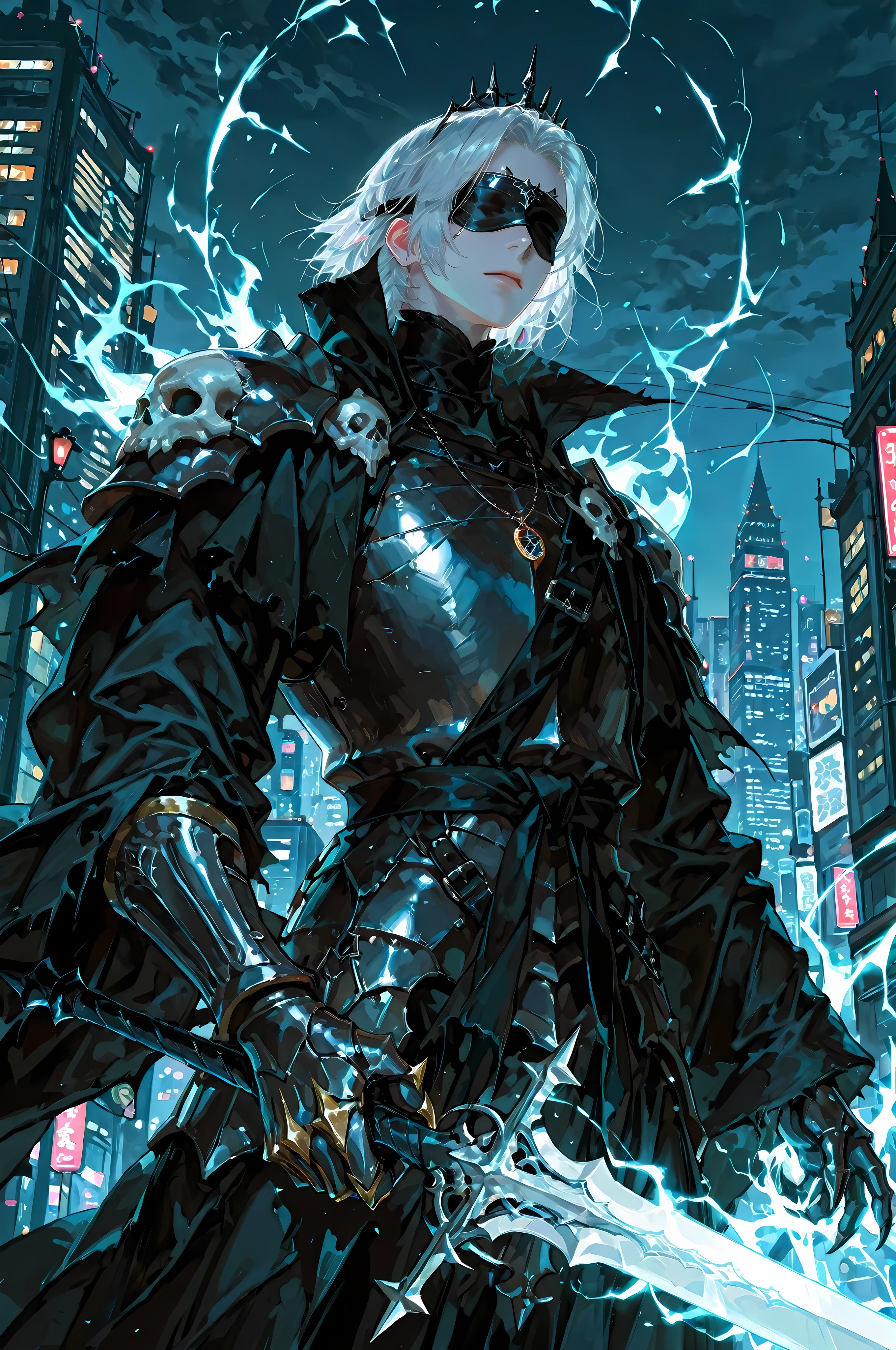 8k, beautiful masterpiece, looking ahead, alone, super pale skin, Perfect Eyes shape, Athletic Build, ((He wears: primarily black with silver accents = high collar Nazgul clothing with pointed shoulders and very wide sleeves, spiky steel cuirass, spiky steel pauldrons with skull motif, clawed steel gauntlets; black sash with steel buckle; metal blindfold; magic pendant))), (((background is city at night, is emotionless and somber while holding 1 Frostmourne sword and channeling energy through it))), mature man, 1 man, male-centered, handsome man, handsome, short hair, white hair, Thick painted, masterpiece, top quality, amazing quality, exquisite details, very detailed, semi-realism art, semi-realism art style