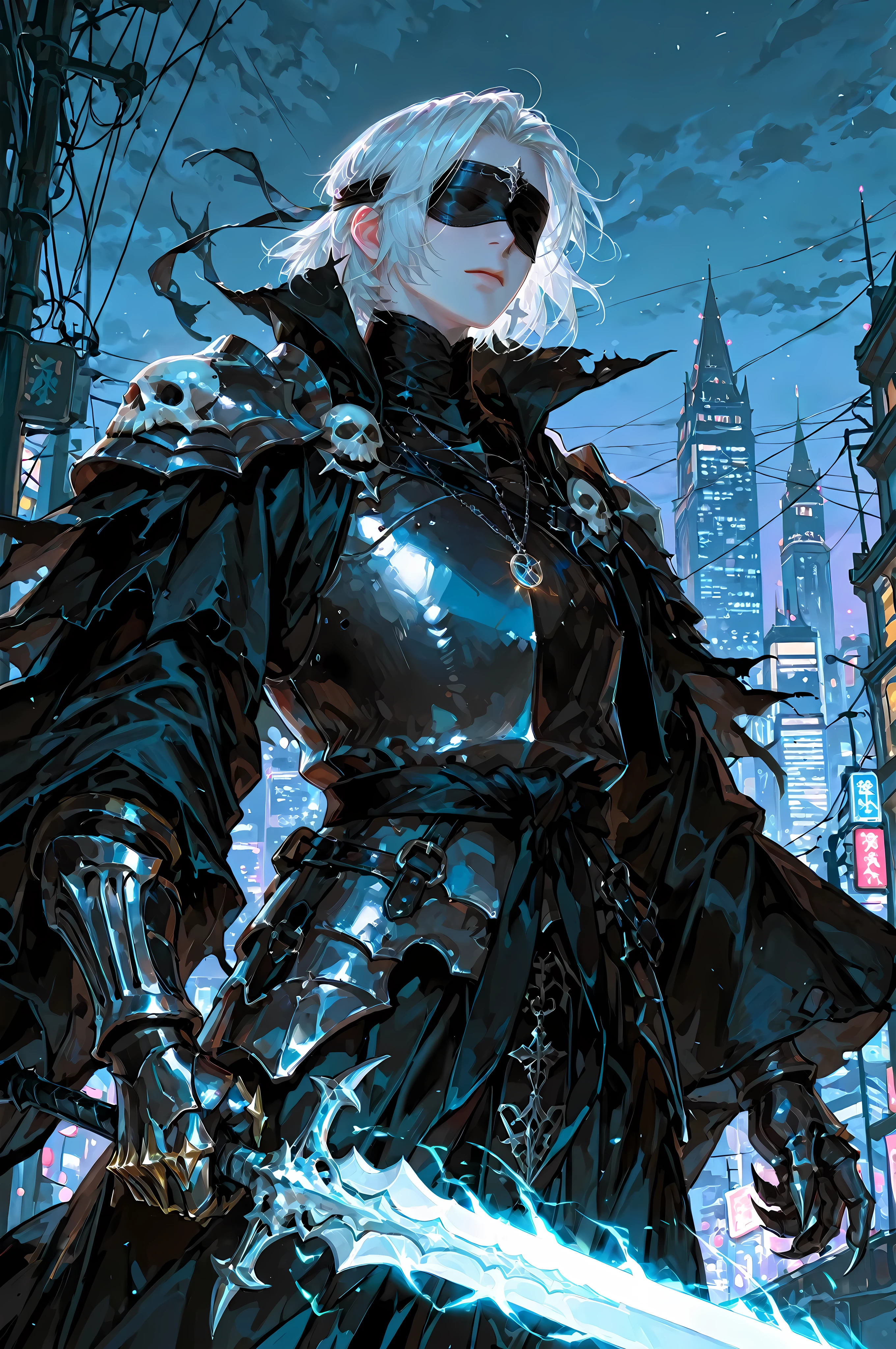 8k, beautiful masterpiece, looking ahead, alone, super pale skin, Perfect Eyes shape, Athletic Build, ((He wears: primarily black with silver accents = high collar Nazgul clothing with pointed shoulders and very wide sleeves, spiky steel cuirass, spiky steel pauldrons with skull motif, clawed steel gauntlets; black sash with steel buckle; metal blindfold; magic pendant))), (((background is city at night, is emotionless and somber while holding 1 Frostmourne sword and channeling energy through it))), mature man, 1 man, male-centered, handsome man, handsome, short hair, white hair, Thick painted, masterpiece, top quality, amazing quality, exquisite details, very detailed, semi-realism art, semi-realism art style