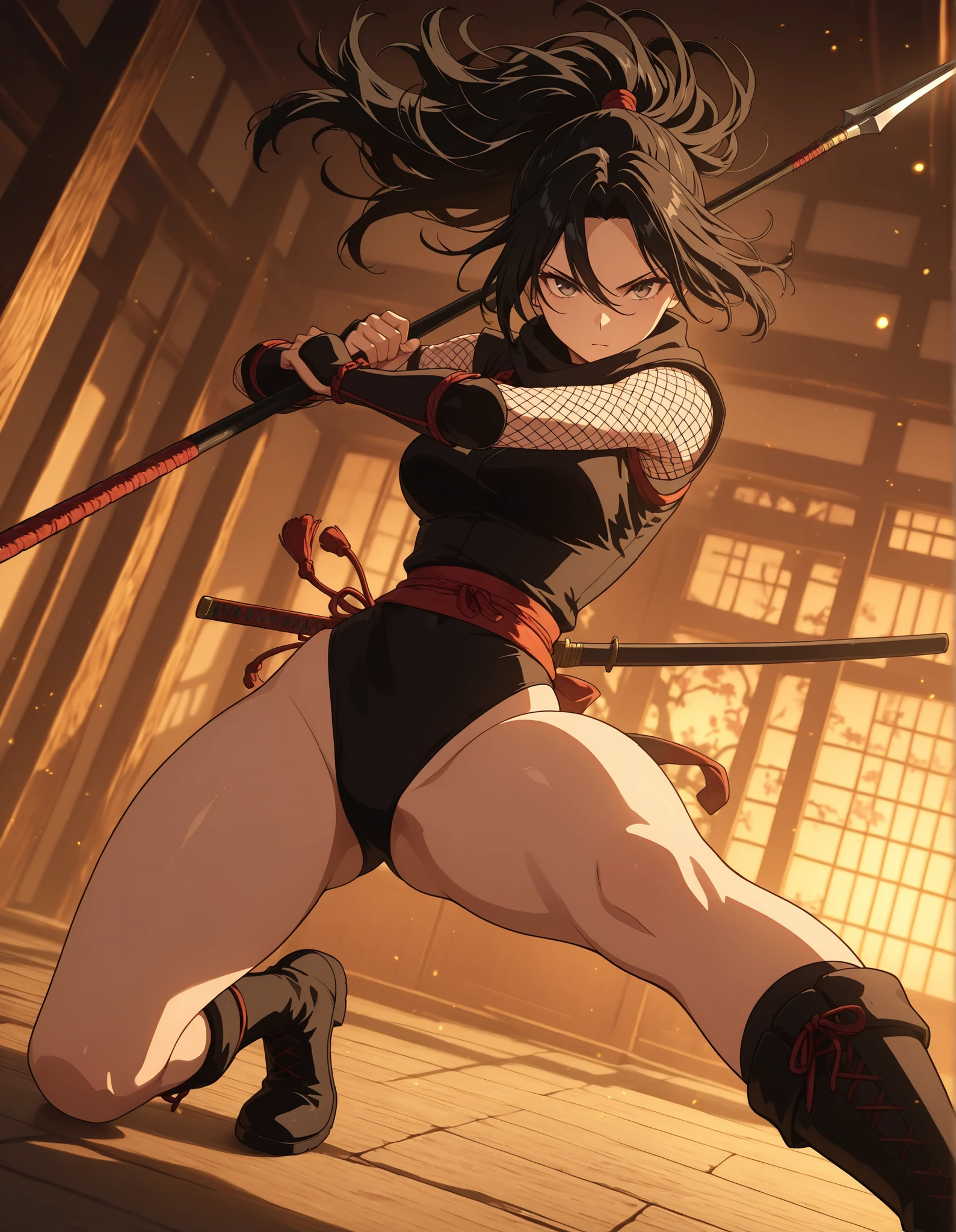 masterpiece, best quality, high resolution, absurdres, 1girl, 24-29 years old, 165cm tall, beautiful, detailed face, standard breasts, ideal anatomy,
BREAK
black hair, hazel eyes,
kunoichi, black leotard, bare legs, black boots,
dynamic fighting stance, using a Chinese spear,
depth of field, bokeh, full shot, dramatic angle, cinematic lighting, action illustration