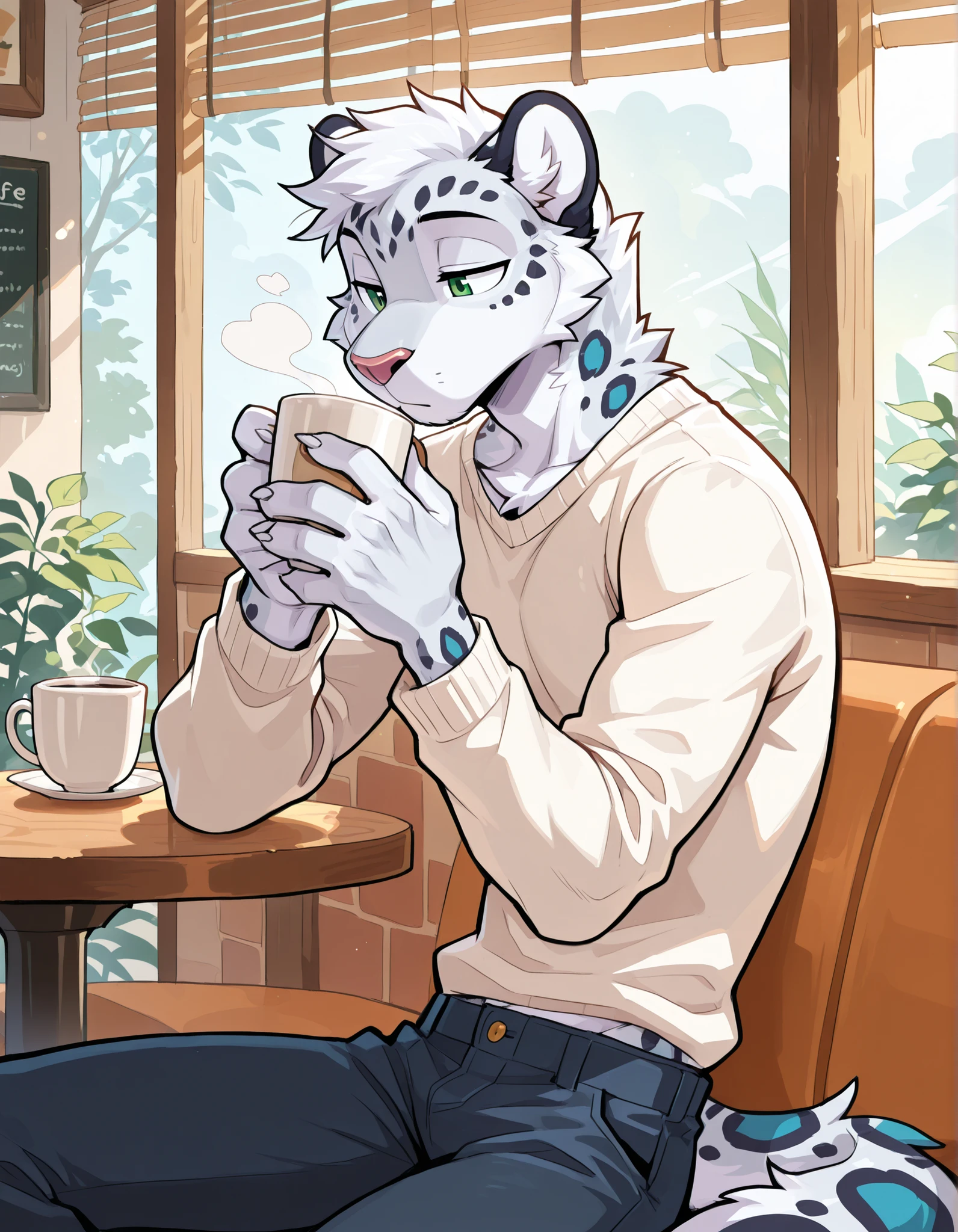 furry, (skinny body:1.3), male skinny snow leopard, round eyes, white long sleeve on, pants on, sitting, cafe, drinking coffee, morning, neck tuff, cute, claws, handsome, perfect, detailed, perfect body type, high resolution, anatomically accurate, detailed eyes, Best quality , 5 fingers, Ultra High Resolution, Delicate Eyes , Handsome, Takemoto Arashi, Handsome,delicate face, no elves, no sfw, no animals, no humans