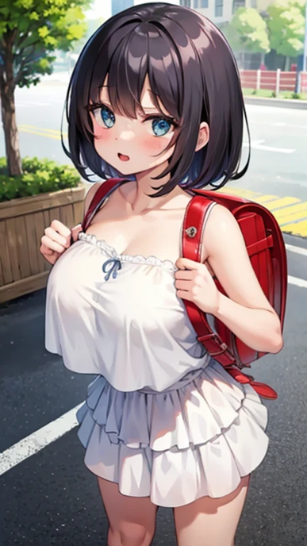 ((Highest quality, 8K, masterpiece: 1.3)), concentrated: 1.2, Perfect Body Beauty: 1.4, Hips: 1.2, ((Layered Haircut, Big Breasts: 1.2)), (street:1.3), Bandeau dress: 1.1, Highly detailed face and skin texture, Beautiful Eyes, double eyelid, White skin, Long Hair, (shut up: 1.3), whole body, Carrying a pink school bag, (randoseru backpack:1.0)