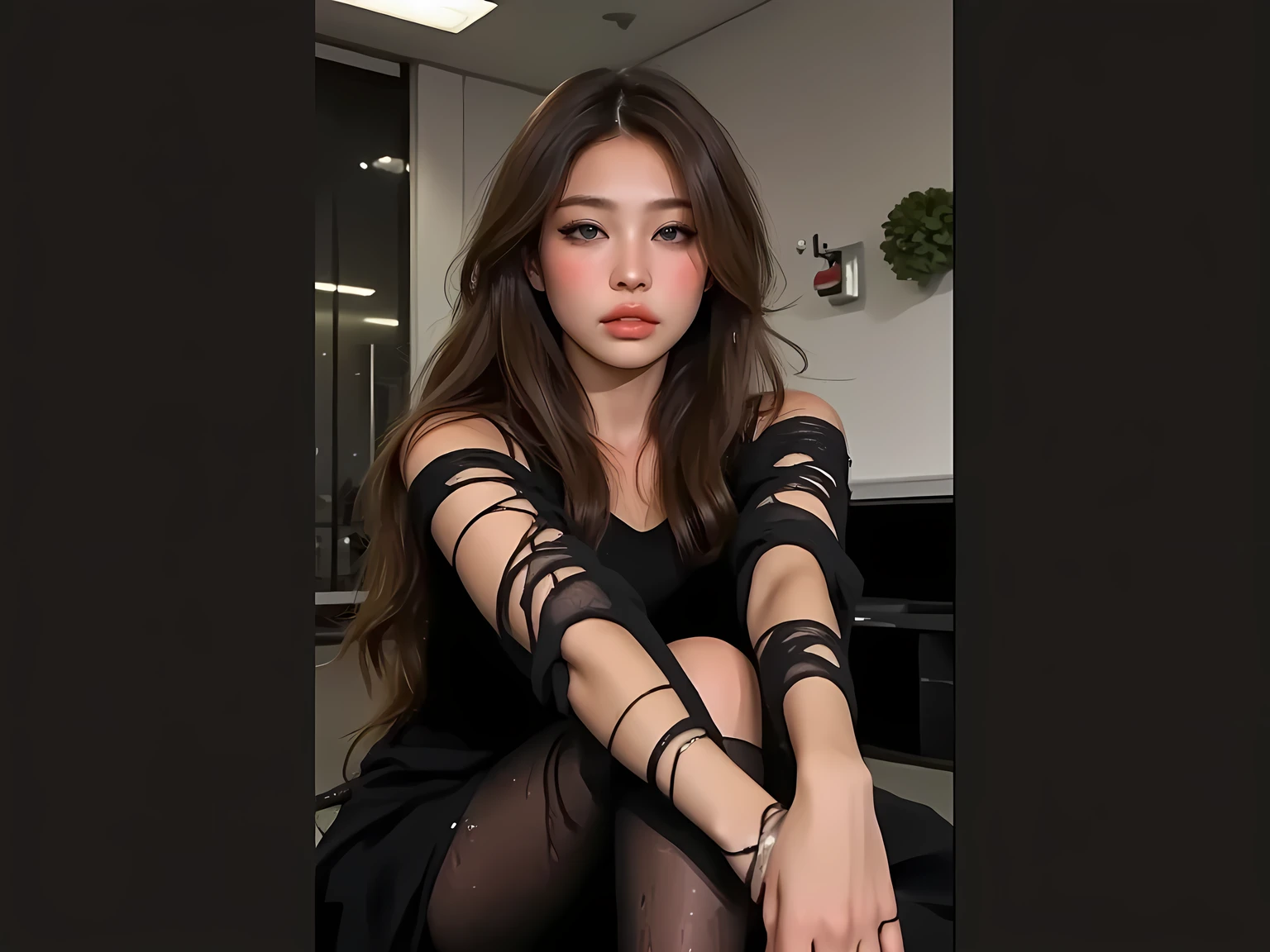 1 person,(((Puppet))),, rostro  ,head,白色油漆Puppet身體,  articulated doll ,feel, long ebony hair,
Gothic chair,gothic furniture,, ((Alambre largo que cuelga de la parte superior de la head conectado a la head,Alambre largo que cuelga de la parte superior de la head envuelto alrededor del hombro,Alambre largo que cuelga de la parte superior de la head envuelto alrededor del hombro, Las líneas largas que cuelgan de la parte superior de la head están envueltas alrededor de las manos, Las líneas largas que cuelgan de la parte superior de la head están envueltas alrededor de las manos,Desde la parte superior de la head, long fallen wire wrapped around the leg,Desde la parte superior de la head, long fallen wire wrapped around the leg)), Ocho líneas largas que cuelgan de la parte superior de la head, A hand cord is lifted,One leg is raised with a cord,  a lot of cables,wrapped around the body, 
