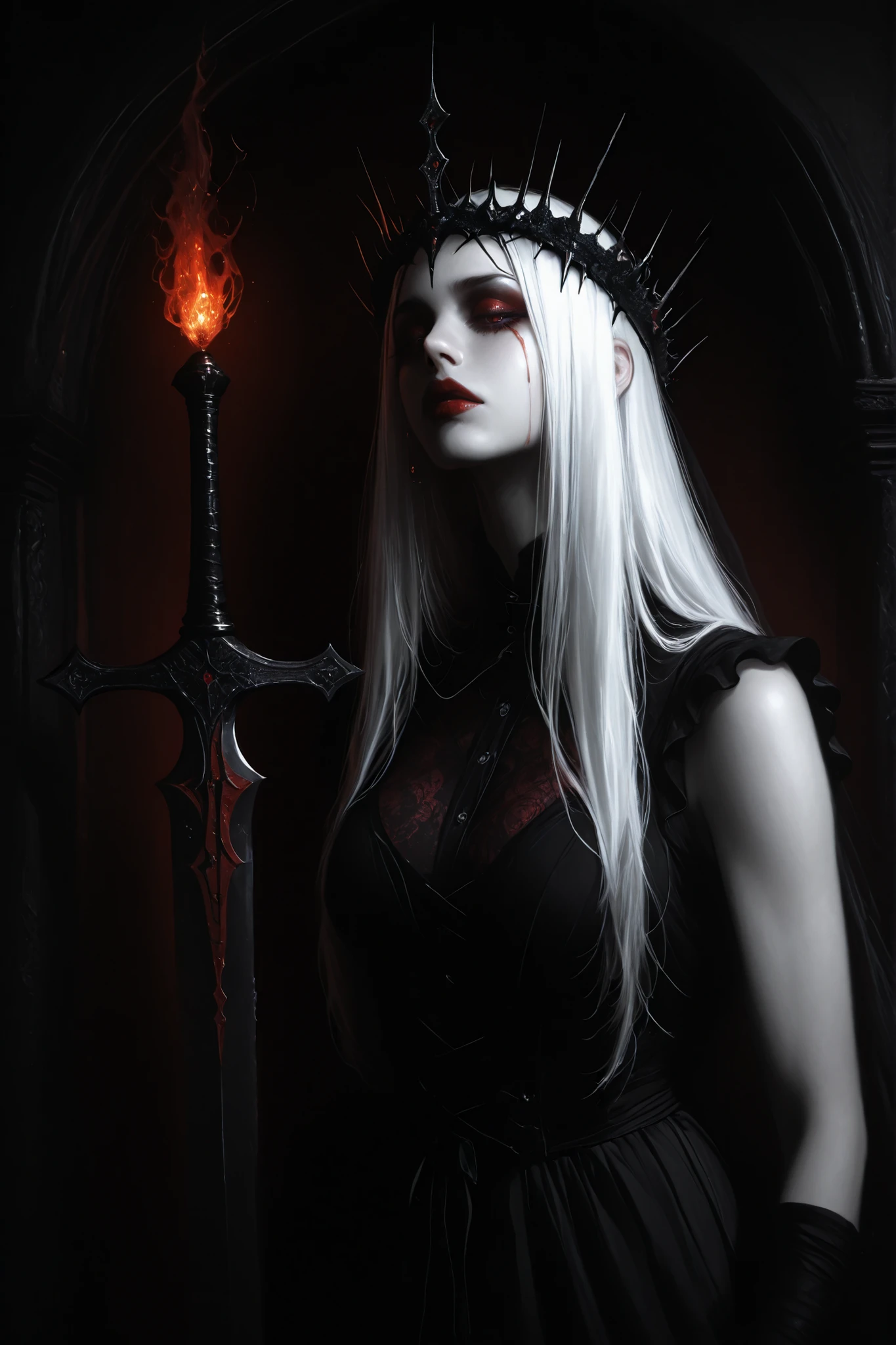painting of a not emotional and cold Undead queen, spiked crown of hellfire, glowing red eyes, ((long white hair)), ((full length)), dressed in a closed formal suit, hyper-realistic, by Brom: Ultra-detailed of a -pale queen. Elaborate crown of blackened metal spikes, each tip flickering with hellfire. Eyes blaze with intense red light, pupils like dying stars. Skin texture meticulously rendered, showing decay and otherworldly preservation. holds chains, metal collar in hands, Dark, tattered royal garments with intricate, shadowy patterns. Background of smoldering brimstone and distant, tortured souls. Brom's signature style of gothic horror mixed with dark fantasy elements.(intricate details), cinematic, professional, 4k, (((dynamic model pose))), sitting, full body, mesmerizing, dynamic, dramatic, dynamic pose,, cinematic scene, volumetric lights, ultra realistic, in the style of nicola samori