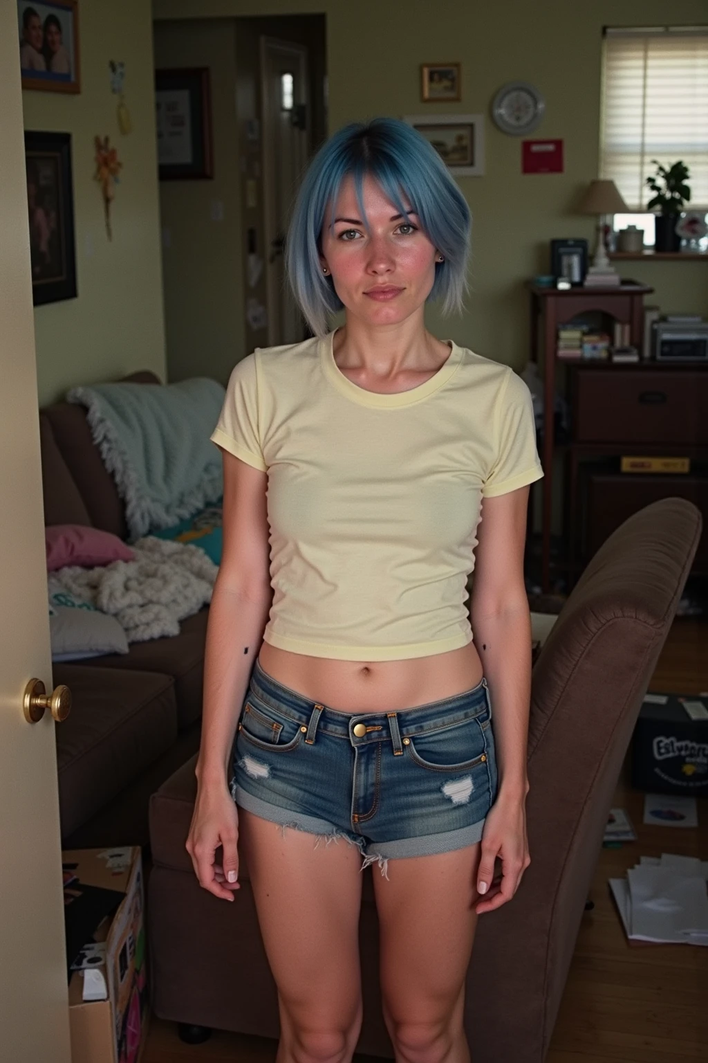 1980s Kodak photo of a young 25 year old rock girl with blue blonde hair wearing a white shirt and black leather jacket, in a german apartment, photography by nan goldin, faded, film grain, cross processed image