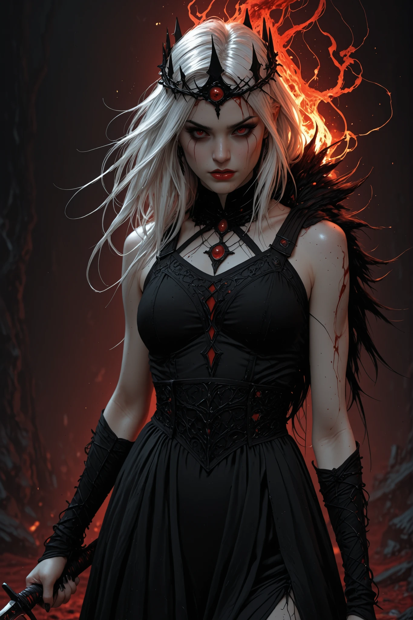 A very pal young girl humanoid 
character, with red eyes, her name is Cassie, 
she is crazy, nuts, with cuts and scraps, horror, 
she is creepy, she is scary, shock value, 
very evil, ill, she is skinny, evoke, fear, terror, 
dread, decay, disgust, she is a Psycho, dark, 
unattractively, unusually thin, thin, scraggly, 
emaciated, twisted, frightening, sick, 
dark background, long black_dress, gore, 
blood, solo, close up, (messy_long_white_hair), 
fog, evil eyes, she is flat, eyes glowing, 
dress fully covers her, she's nut, yelling, 
she's mad, she's furious, 
she's screaming out loud, showing teeth, 
mouth open wide, yelling at the camera, 
fire in the background, rage, sharp teeth, 
bloody mouth, vampire like, flat_chested, holding a sword