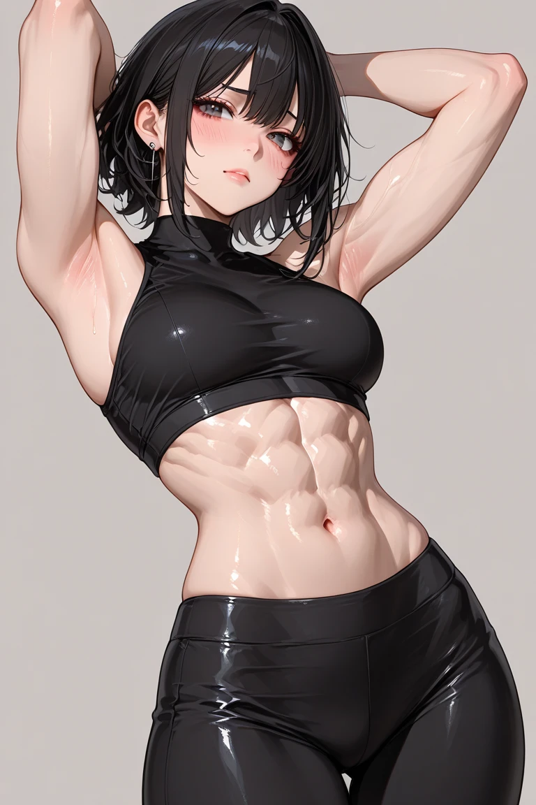Boy, Asian, , adult, tattoo, lipstick, gothic, girl face, serious face, , black hair (ponytail with bangs),perfect body, fit body, muscular, leggings, big sweatshirt