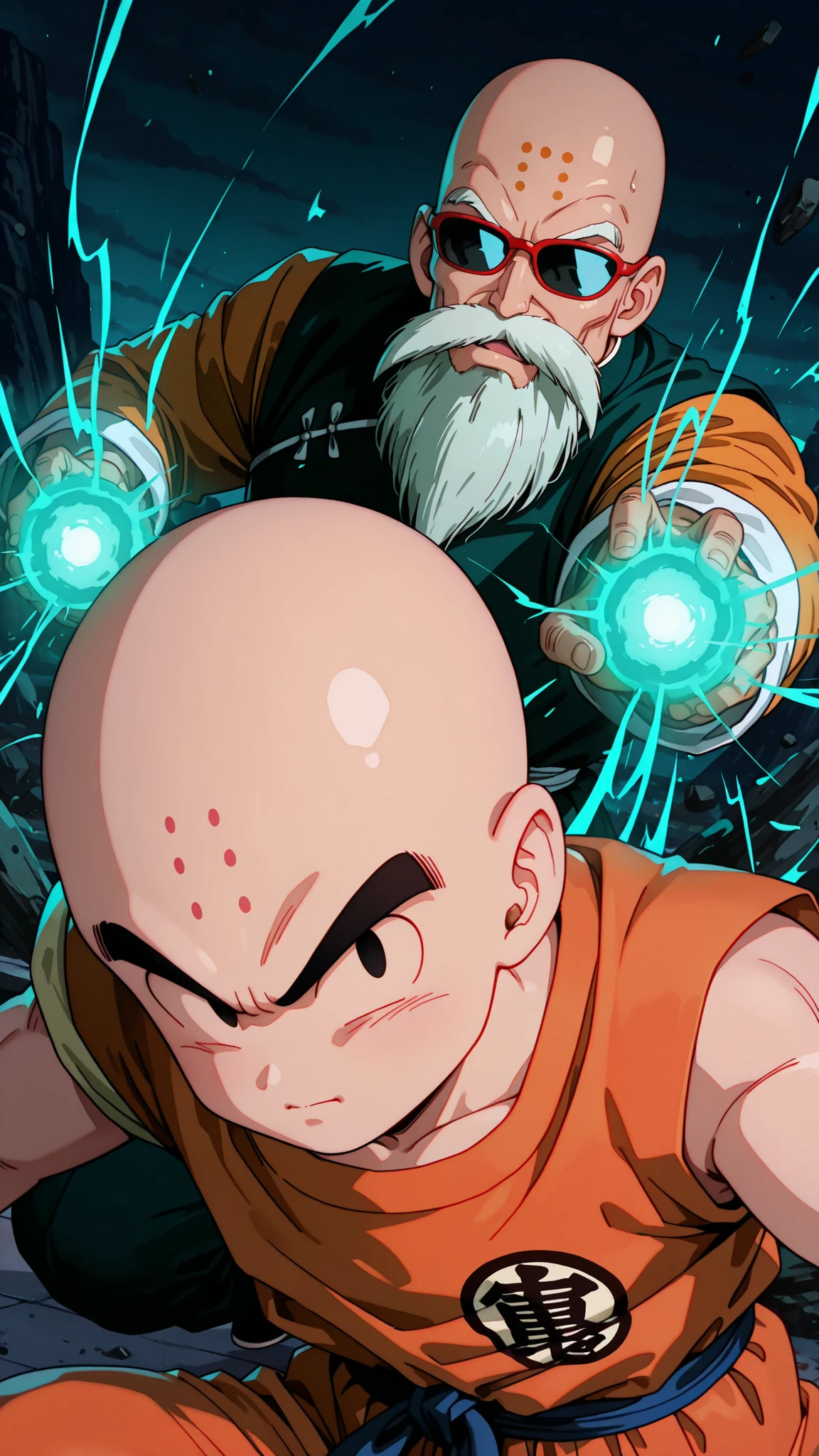 2man,(1man is mutenroshi, old man, bald, sunglasses, beard, mustache, chinese clothes, shirt, orange shirt, long sleeves),break ,(the other is kuririn,1boy, bald, black eyes, no nose, no sclera, forehead mark ,sleeveless),break,battle,dynamic motion,battle sean,aura,night,1980’s anime style