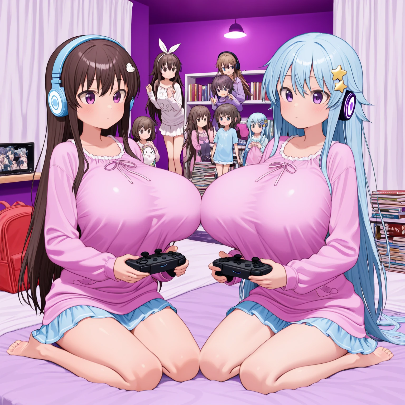 Anime style girl with short black hair, blue eyes, perfect body, big breasts, She wears a white skirt with a purple shirt with a drawing of a game controller, She also has pink headphones, He is standing in front of the camera at the entrance of a house and he is happy.