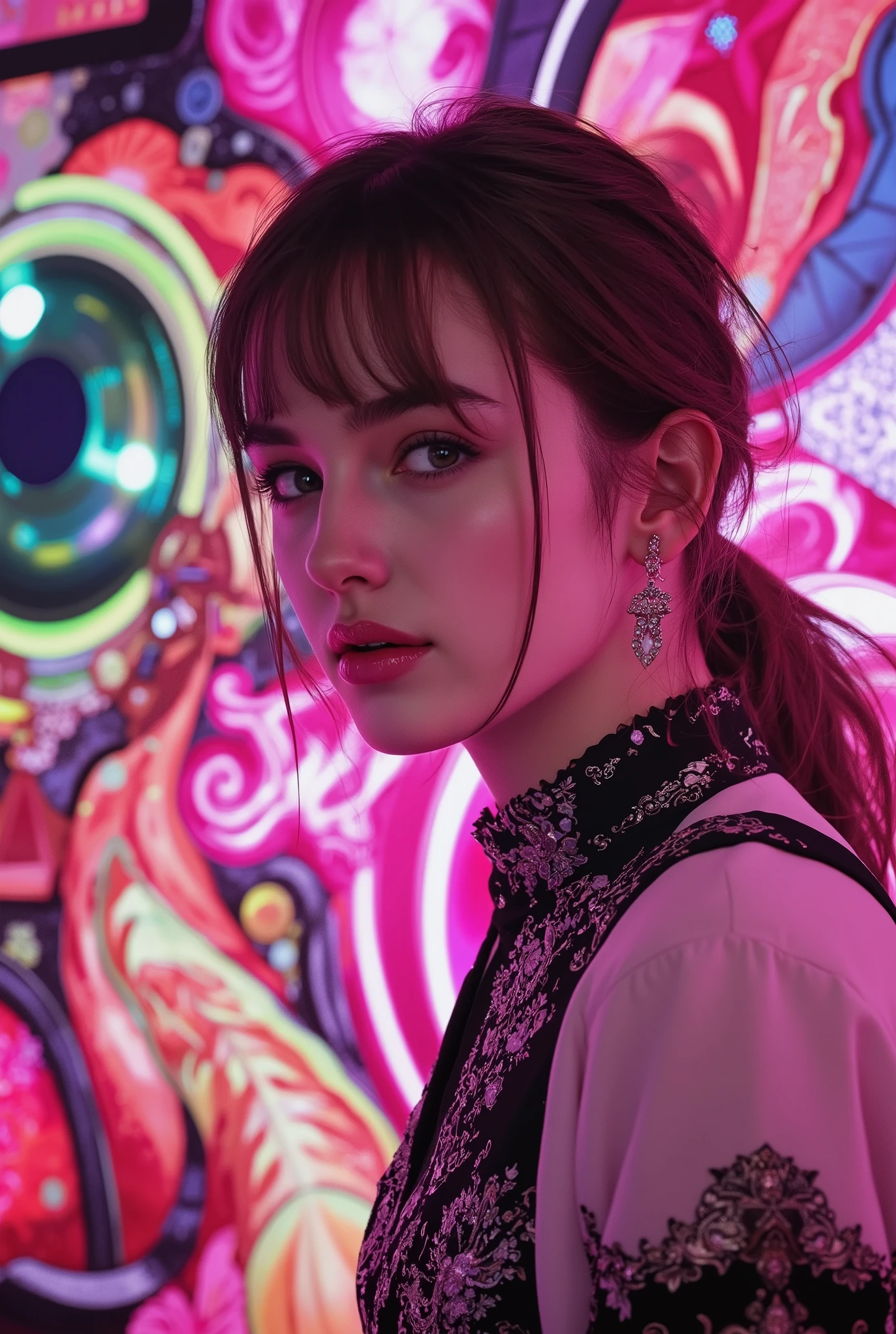 beautiful English woman Emma Watson's professional photo pub, Velvia, Taken at 65mm, 16 megapixel, 8k, photorealistic, Amazing depth, bangs, hime cut, shining rich colors , emphasize the strength of the pattern, psychedelic hues, 3D final rendering, Surreal, 3d shading, Cinematic Lights, art station concept art, aidmaRealisticPeoplePhotograph