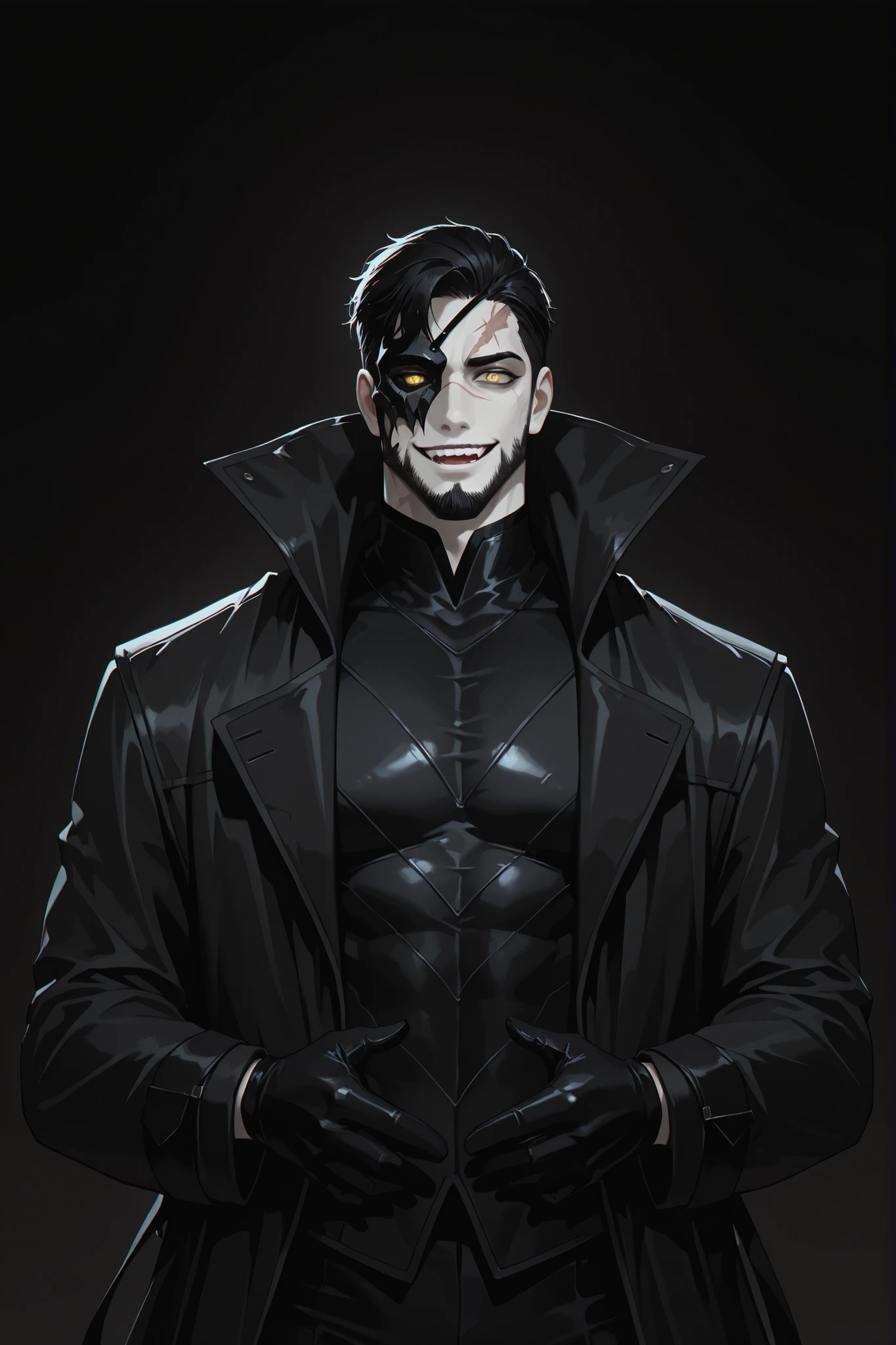 solo, 1boy, dnd, mature male, pale skin, black hair, short haircut with shaved temples, yellow eyes, muscular body, crazy, a scar on his face, black half mask, scar on face, cut beard, crazy wide smile, detailed face, long open black coat with a high collar, form-fitting outfit under coat, black pants, black gloves, ominous vibe, eerie atmosphere, athletic, pose and expression suggest a lost of control and madness, BREAK dark background, portrait, upper body focus