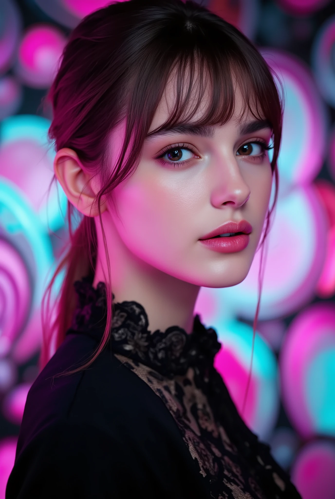 beautiful English woman Emma Watson's professional photo pub, Velvia, Taken at 65mm, 16 megapixel, 8k, photorealistic, Amazing depth, bangs, hime cut, shining rich colors , emphasize the strength of the pattern, psychedelic hues, 3D final rendering, Surreal, 3d shading, Cinematic Lights, art station concept art, aidmaRealisticPeoplePhotograph