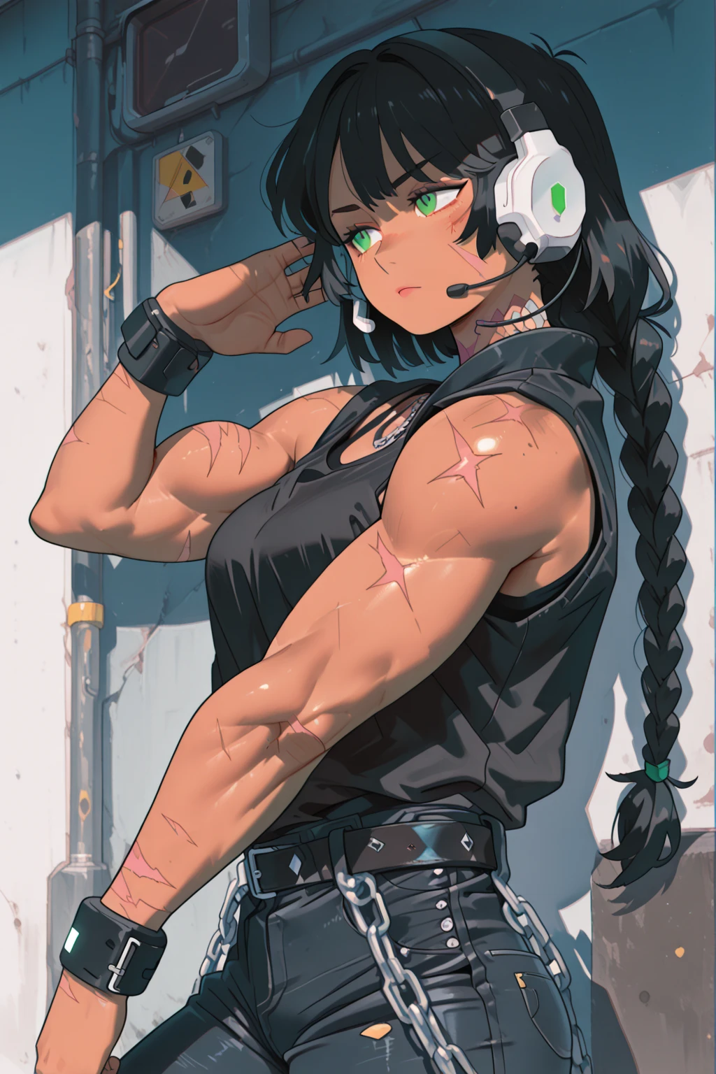 (((((muscular))))), (((thick thighs, small breasts chest, toned body, 1 girl))), black hair, pale skin, yellow eyes, frown, very long hair, ((waistup)) tight shirt tight pants