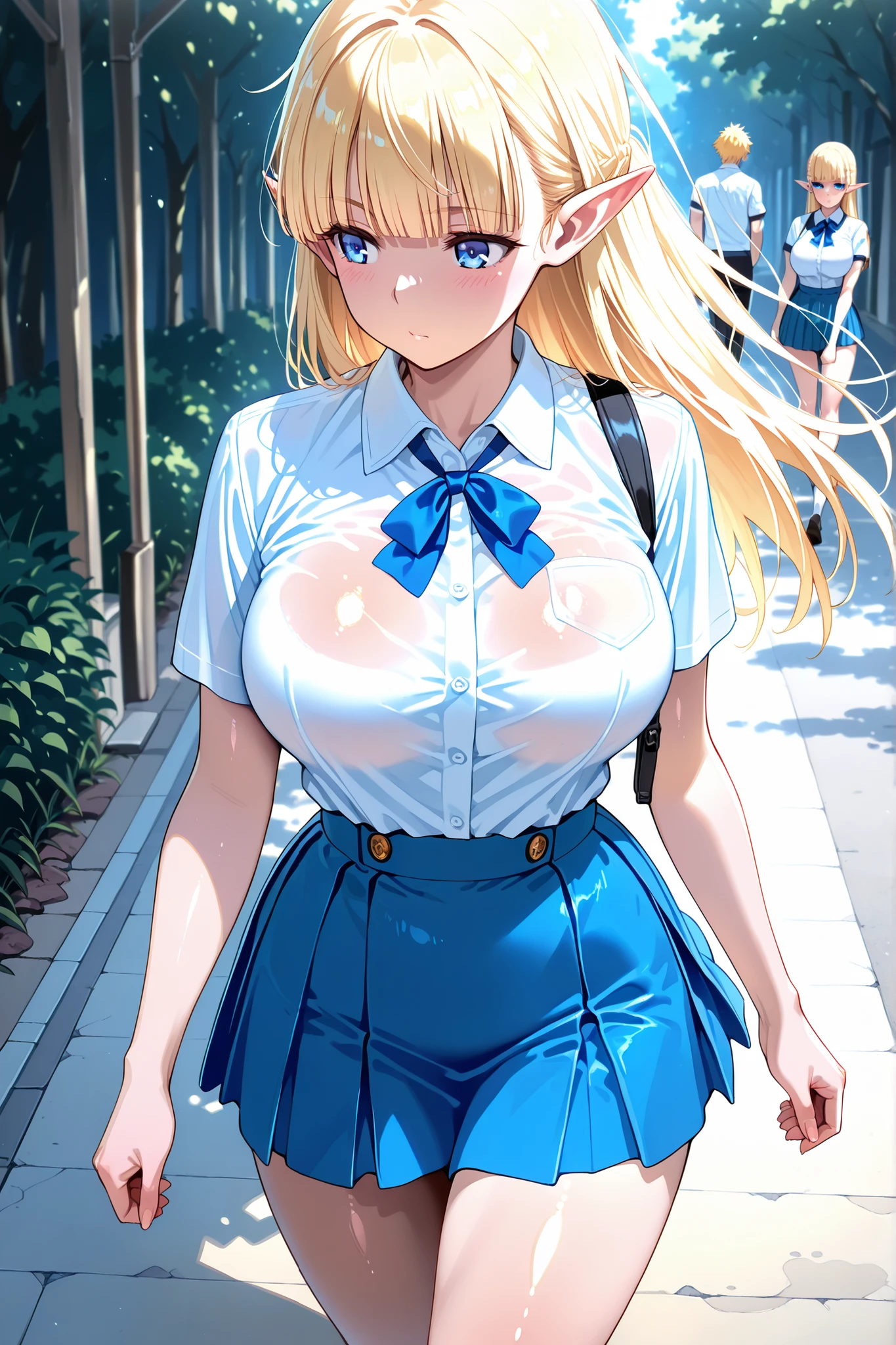 seras ashrain, long hair, blue eyes, blonde hair, large breasts, blunt bangs, pointy ears, elf,micromini skirt,shiny skin, glistening skin,oiledILL, oiled, oily, summer morning,1girl,school uniform,short sleeves,mini skirt,walking,windy,