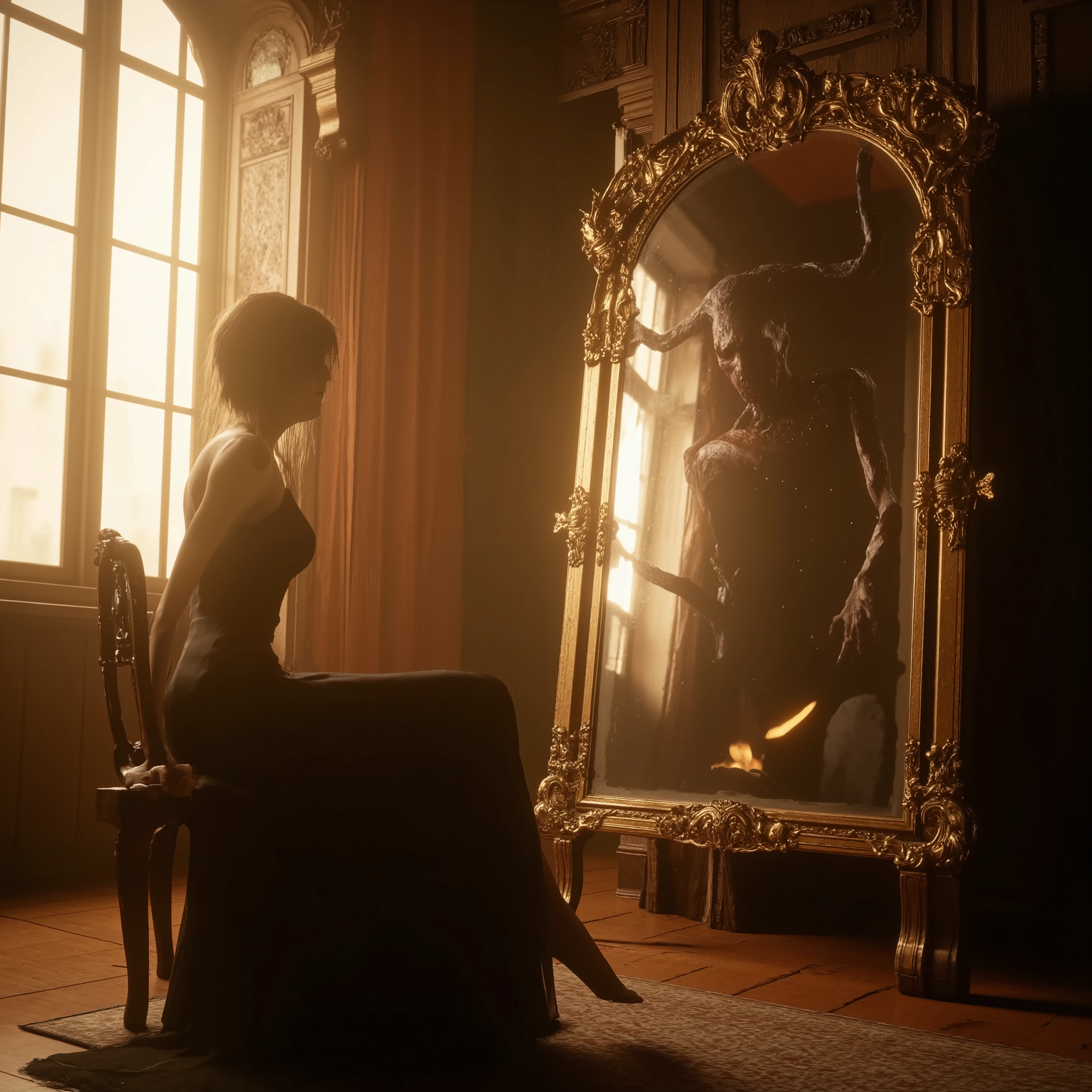 A young woman with graceful posture sits in a chair on the polished wooden floor of an elegant, vintage room bathed in warm, golden light filtering through tall windows. Her slender figure is adorned in a flowing, black gown, emphasizing her serene presence as she gazes intently at a large, ornate gold-framed antique mirror propped against the wall. Instead of her beautiful reflection, there is a striking, otherworldly, demonic image, a horrific figure seemingly emerging from where the woman's reflection should be seen in the giant 6-foot-tall antique mirror. The composition suggests themes of awe and disturbed intrigue. The woman's quiet contemplation evokes a sense of shock but also quiet acceptance as she stares at the hideously vile and repulsive-looking image that has replaced her reflection. This is the in-between of the rational, tangible world and the madness and lunacy of what can be seen in this unique antique mirror, as it shows you what lies in other dimensions and shows you in your dimension to other entities. Ultra-realistic, photo-realistic, ultra-detailed, physically-based rendering, spooky atmosphere, creepy, unnerving, macabre, gothic, unsettling, disturbing, disquieting, startling, experimental art, icon style, iconic characters, horrorific fantasy scene, full focus, UHDR,highres, cinematography, realism, professional masterpiece.
