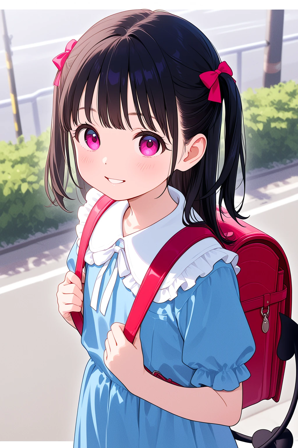 Anime girl with a backpack and a backpack standing in front of a brick ...