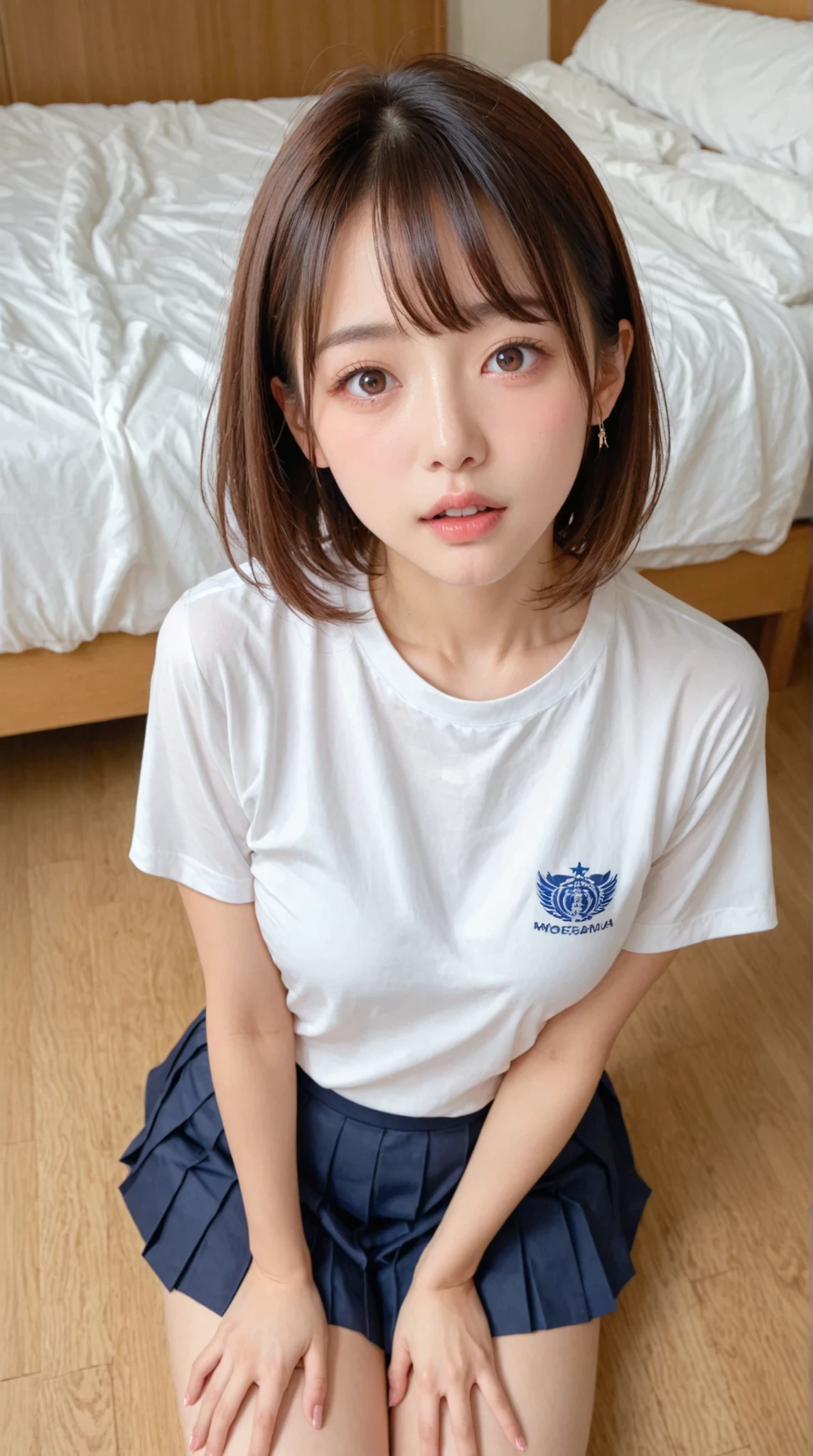 small 、((Japanese Women)) , (( white Y shirt))、(curved body)、 expect the sensual expression of、((surprised face to see))、please open your mouth lightly 、and I'm staring 、on the bed、 inspecting 、(pleated skirt on the indoor floor) 、('s face in Sheila's eyes)、((胸のgap ))、(view from above、 gap)、((College Uniform))