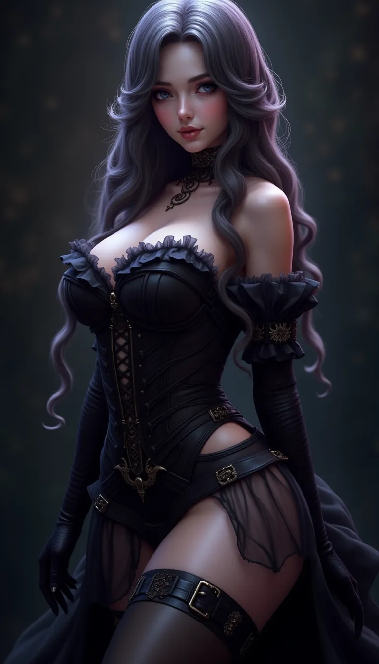 Cinematic film still, 1girl, new gothic gal, crocheted, 25yo, pale skin, innocent smile, epic long wavy hair, bangs, latex corset, panties, athletic butt, ((detailed face)), (detailed skin), moist, intricate details, rear view, shallow depth of field, background creepy victorian age cemetery [volumetric fog], (((cowboy shot))), cinematic lighting, reflections, photographed on a Canon EOS R5, 50mm lens, F/2.8, HDR, 8k resolution, aged down, black hair with blue sheen, blue eyes,renatadaninsky
