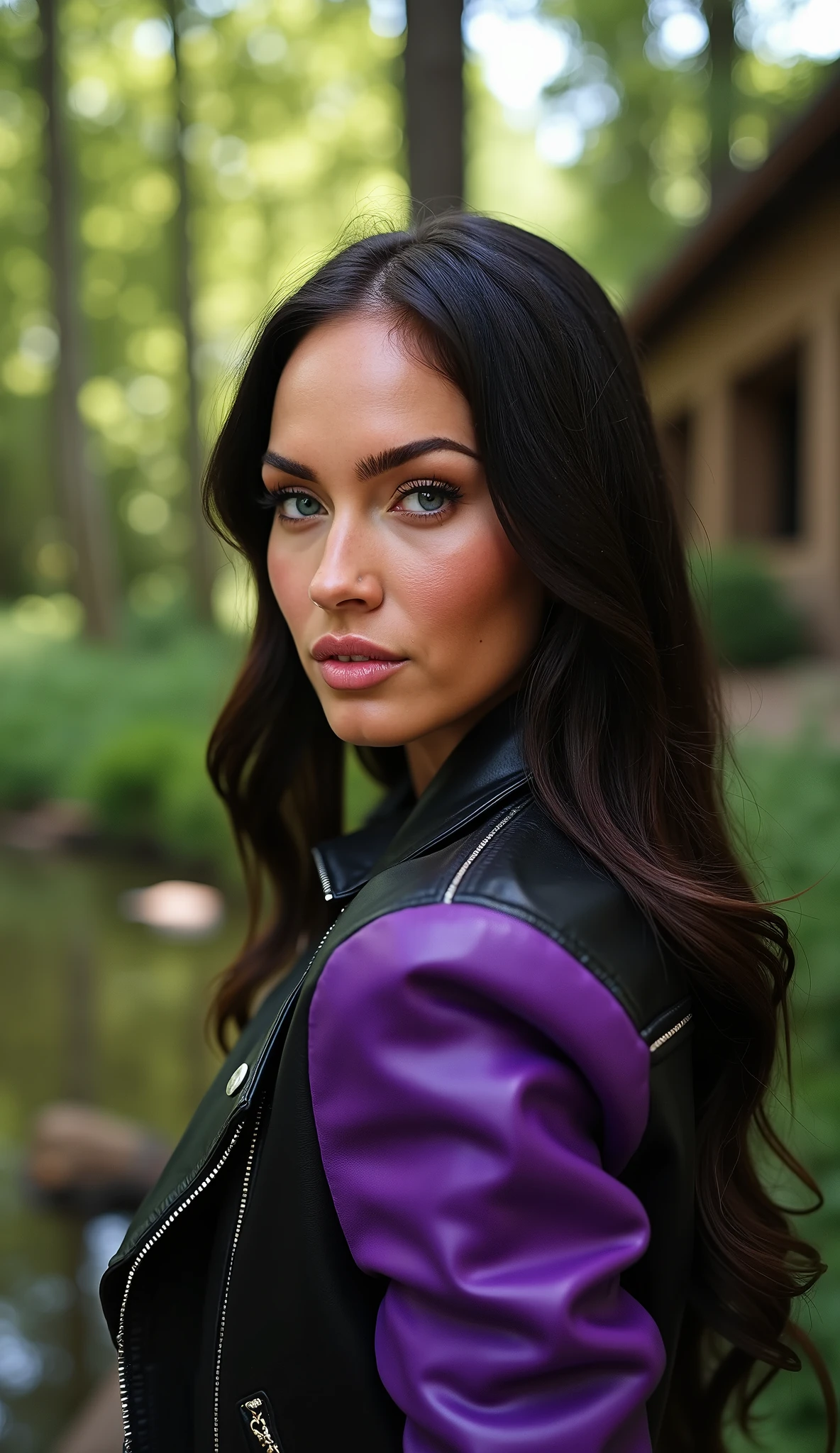 Ultra-realistic 8K cinematic close-up from chest up featuring Megan Fox standing in a lush forest with a serene lake and rustic stone house behind her. She wears a stylish, luxurious purple-and-black leather jacket with subtle metallic accents and hyper-detailed textures. Her face shows a confident, natural expression, with soft natural light filtering through the trees and casting gentle shadows. The atmosphere is peaceful and elegant.
