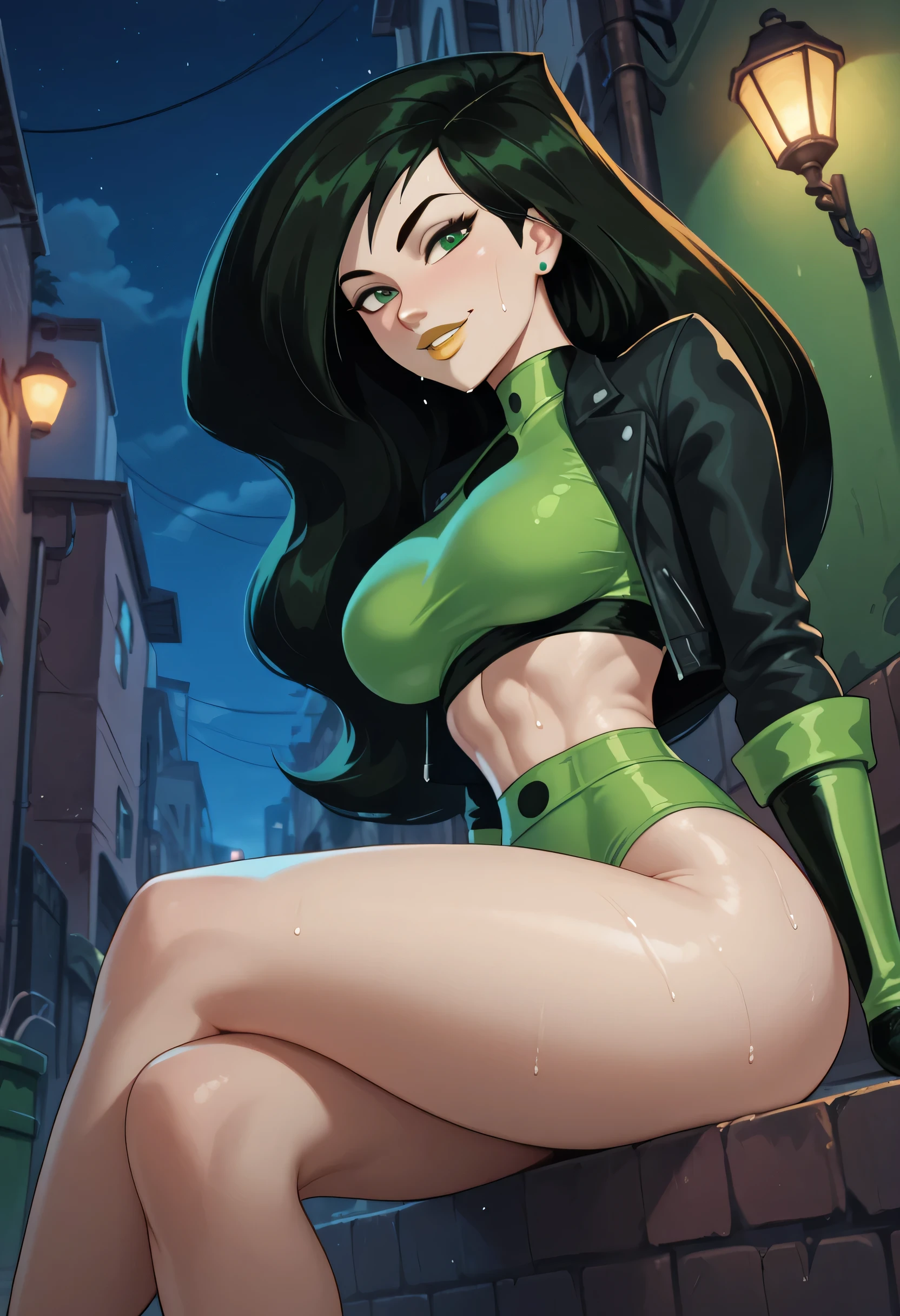 white skin, green eyes, yellow lipstick, anime style, thin waist, wide hips, green bikini, open black jacket, large breasts, night, sensual smile, looking at viewer, focus on character, dark environment, alley, sweaty, Shego, Kim Possible, side view, bottom view, sitting, legs open