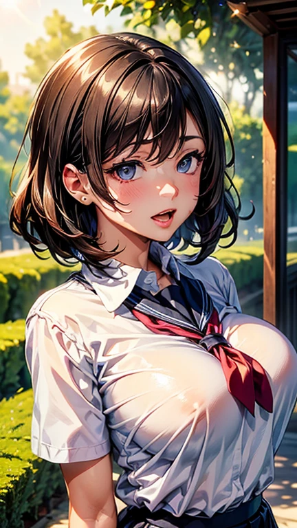 absurdres, (masterpiece, best quality), (ultra-detailed), extremely detailed,super high resolution, (Top Quality photorealistic Illustration), (Super Definition), (best quality,masterpiece:1.0),(cute illustration:1.3), (high Saturation:1.2), highres, ultra-detailed, 32k,8k resolution, intricate details, cinematic scene, detailed background, detailed background, BREAK (show off nipples:1.6),detailed beautiful face and eyes, very detailed background, (an extremely delicate and beautiful), (nice hands, perfect hands), (appropriate posture), (appropriate configuration), ideal ratio body proportions,
BREAK (show off nipples:1.6),(dynamic angle:1.6), (close to viewer:1.6),depth background, (In front of the school gate:1.6), bright sunlight, noon, beautiful lighting, strong light, widely, Particles of light,(standing:1.3),
BREAK((1girl, solo), suzune horikita,(very short hair:1.6),short bob cut, black hair, (red eyes:1.3), hair ribbon, (braid:1.3), very cute and beautiful girl,(highly detailed beautiful face),(twinkle smile), (full-face blush), (shy),open mouth, BREAK(show off nipples:1.6), (exposing bare breasts:1.3), (exposed chest:1.3), (no bra:1.3), (open shirt:1.6), (exact number of nipples:1.6), nsfw, BREAK belly button, bow, , jacket, bowtie, blue bowtie, blazer, (red blazer:1.5), very short miniskirt, white skirt, loafers,small nipples, small areolas,