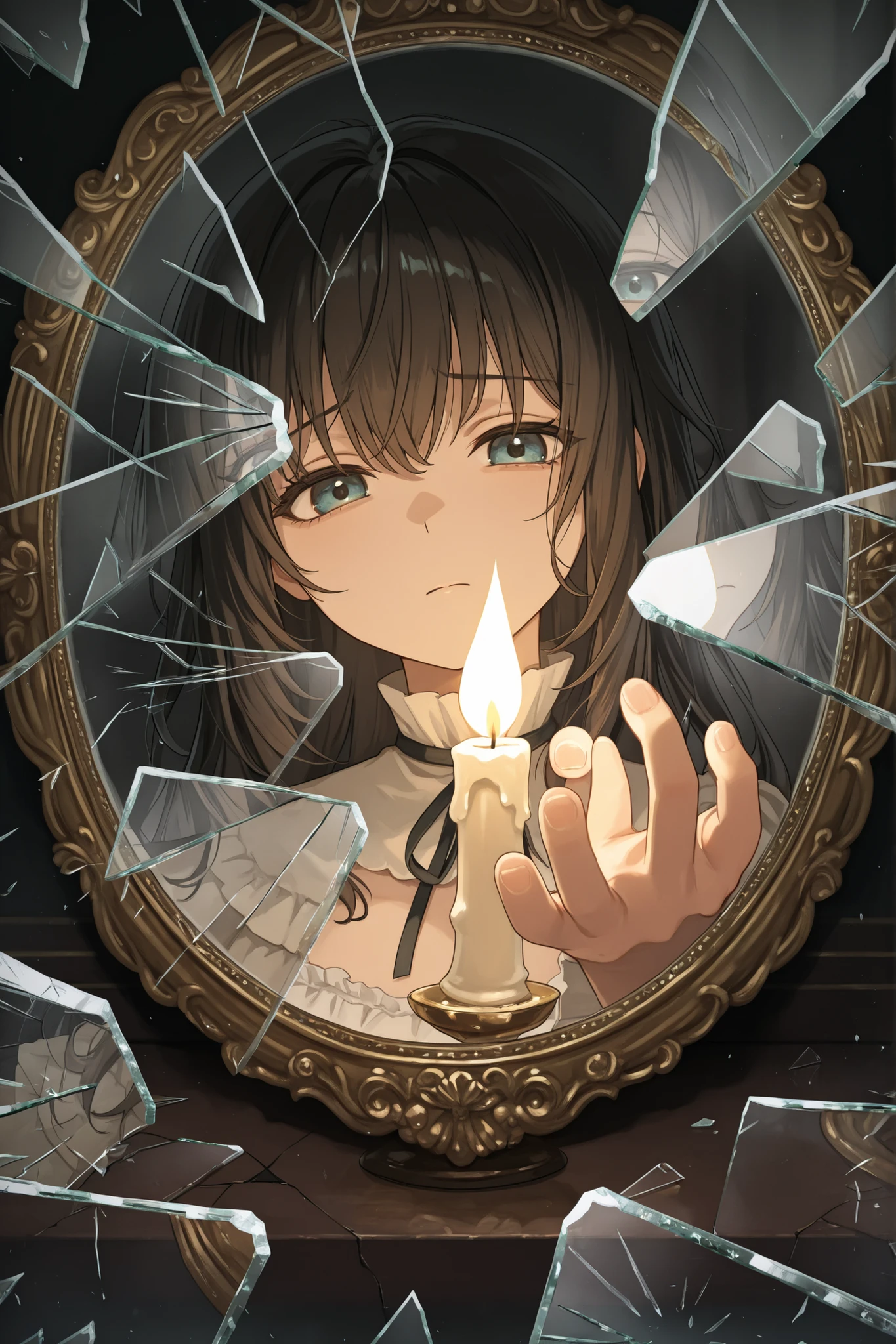 glass shards, reflection, broken glass,Beautiful girl, sad face, completely cracked mirror, fragmented reflection of the woman's face.
A broken antique mirror with large and small fragments scattered throughout the frame,
each shard reflecting a sad face, one shard showing a face looking directly at the viewer.
Foreground: an old room dimly lit with flickering candlelight. Blurred background, the girl's hand reaching for the mirror.
Reflections naturally aligned with mirror shards, cracks, and detailed glass textures.
Tense, sinister, and sad atmosphere.